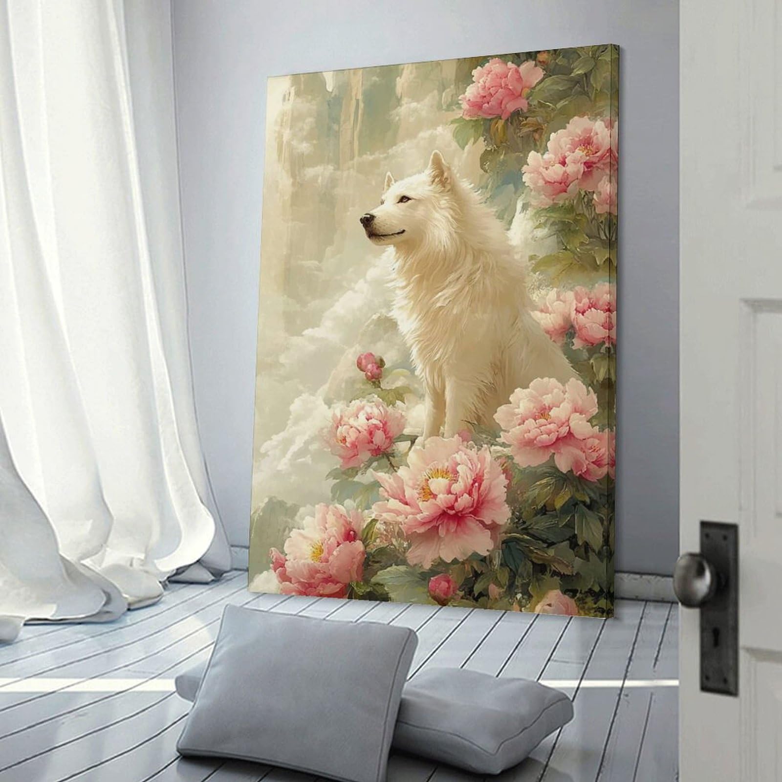 Junmoney Wall Picture Print White Wolf And Peonies, 20x30inch(50x75cm), for Living Room, Lounge Or Sitting Room, Modern Wall Decor for Cosy Interiors
