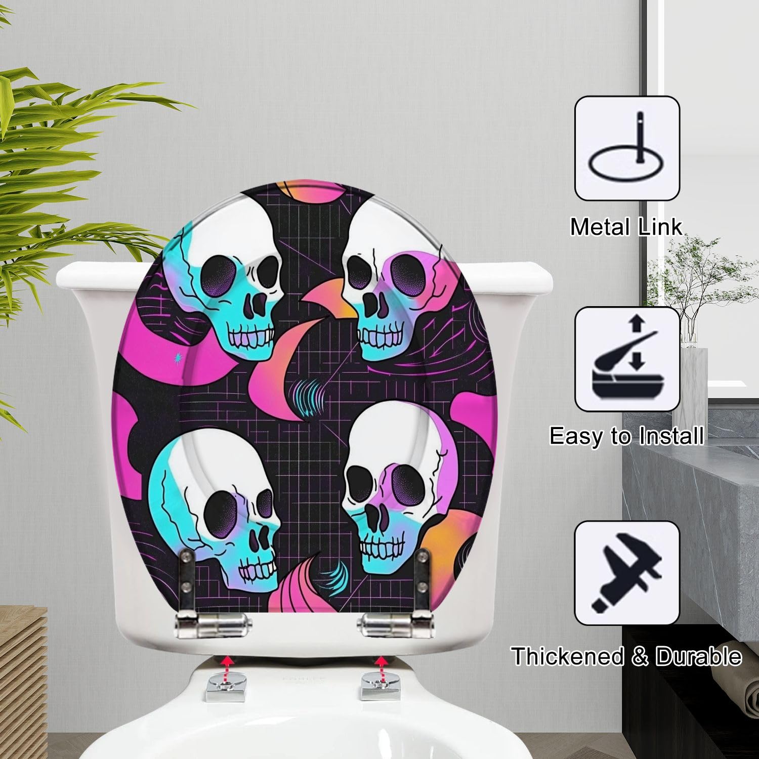 Asiento de inodoro redondo de cierre suave y liberación rápida, de resina, fácil de limpiar, con diseño de calavera psicodélica de rejilla distorsionada.