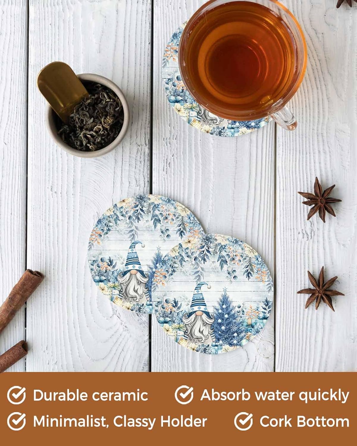 Blue Christmas Drink Coasters Set of 4,Absorbent Winter Poinsettia Gnomes Round Ceramic Coasters for Desk,Xmas Pine Tree Leaves Cup Mats for Home Kitchen Office Party Coffee Table Decoration Supplies