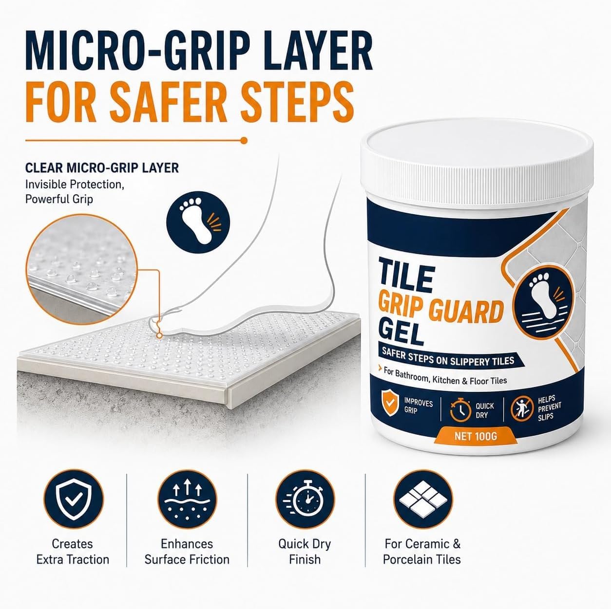 Gel antiscivolo per pavimenti in piastrelle (bagno e cucina), 100 g (3pcs) | Asciugatura rapida; adatto a ceramica, gres porcellanato e vetroresina;rivestimento resistente all'acqua e durevole nel tempo