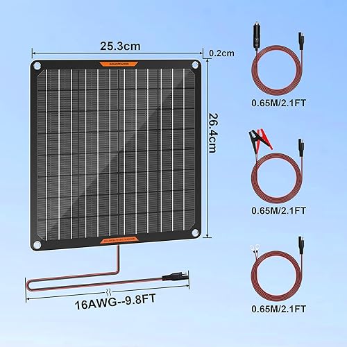 Miniatura 6 de Cargador de batería solar 10W 12V Solar Trickle Car Battery Maintainer Cargador portátil impermeable para coche, barco, automotriz RV con clip de