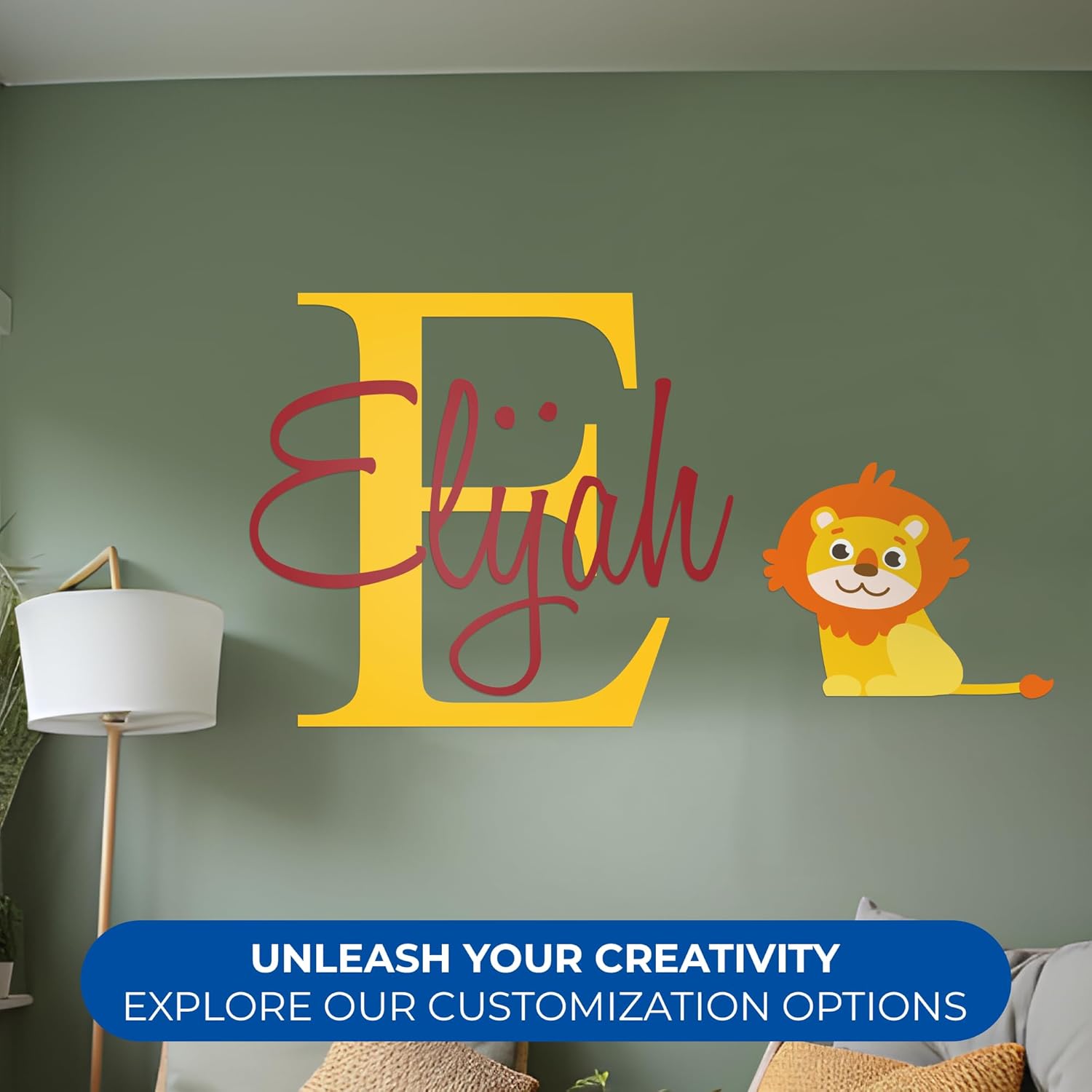 CRYPTONITE Personalized Name & Initial Lion Wall Decor I Jungle Nursery Decor for Baby Boy & Girl I Lion King Baby Shower Decorations I Wall Decal for Baby Room Decor (Wide 36"x 20" Height)