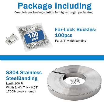Banding Strapping Kit, 304 Stainless Steel Strapping with 100Pcs Steel Ear-lokt Buckles, 100 Ft x 0.75 Inch x 0.03 Inch Metal Strap, Pipe Strap in Plastic Case with Handle