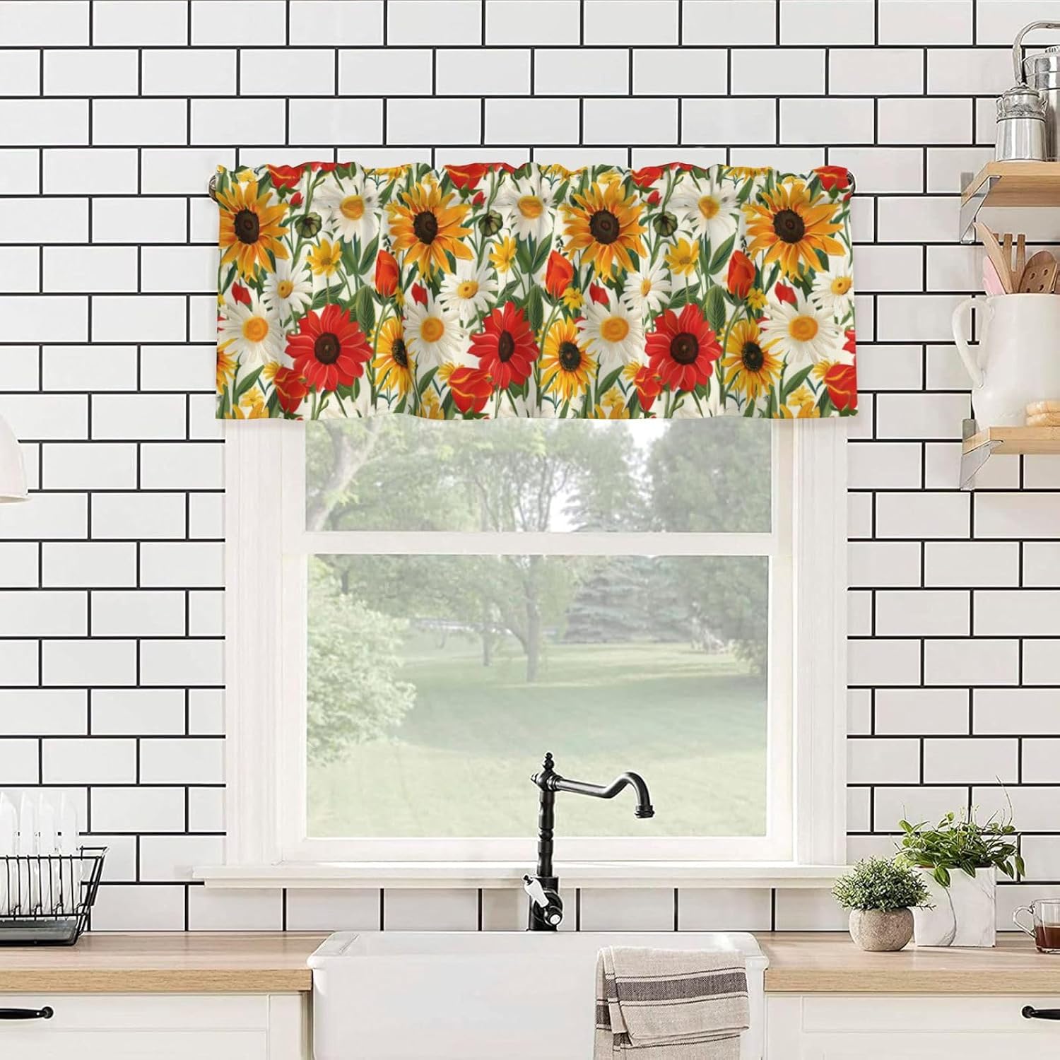 Valance for Windows Sunflowers Red Daisy Vintage Kitchen Curtains Valances Rod Pocket Window Treatment Short Topper Curtains 1 Panel, 54x18inch