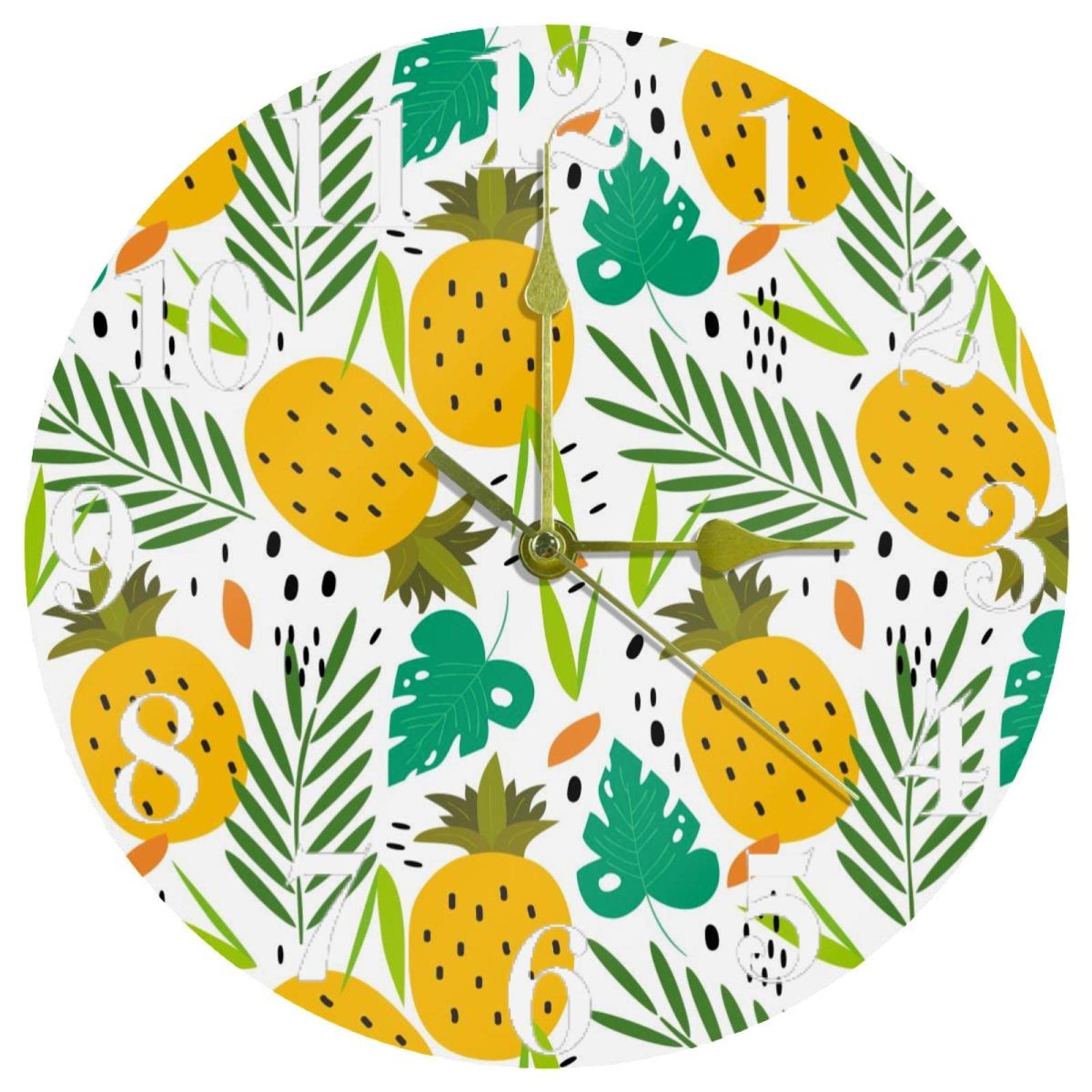 Horloge murale ronde à quartz de 25,4 cm avec motif feuilles tropicales
