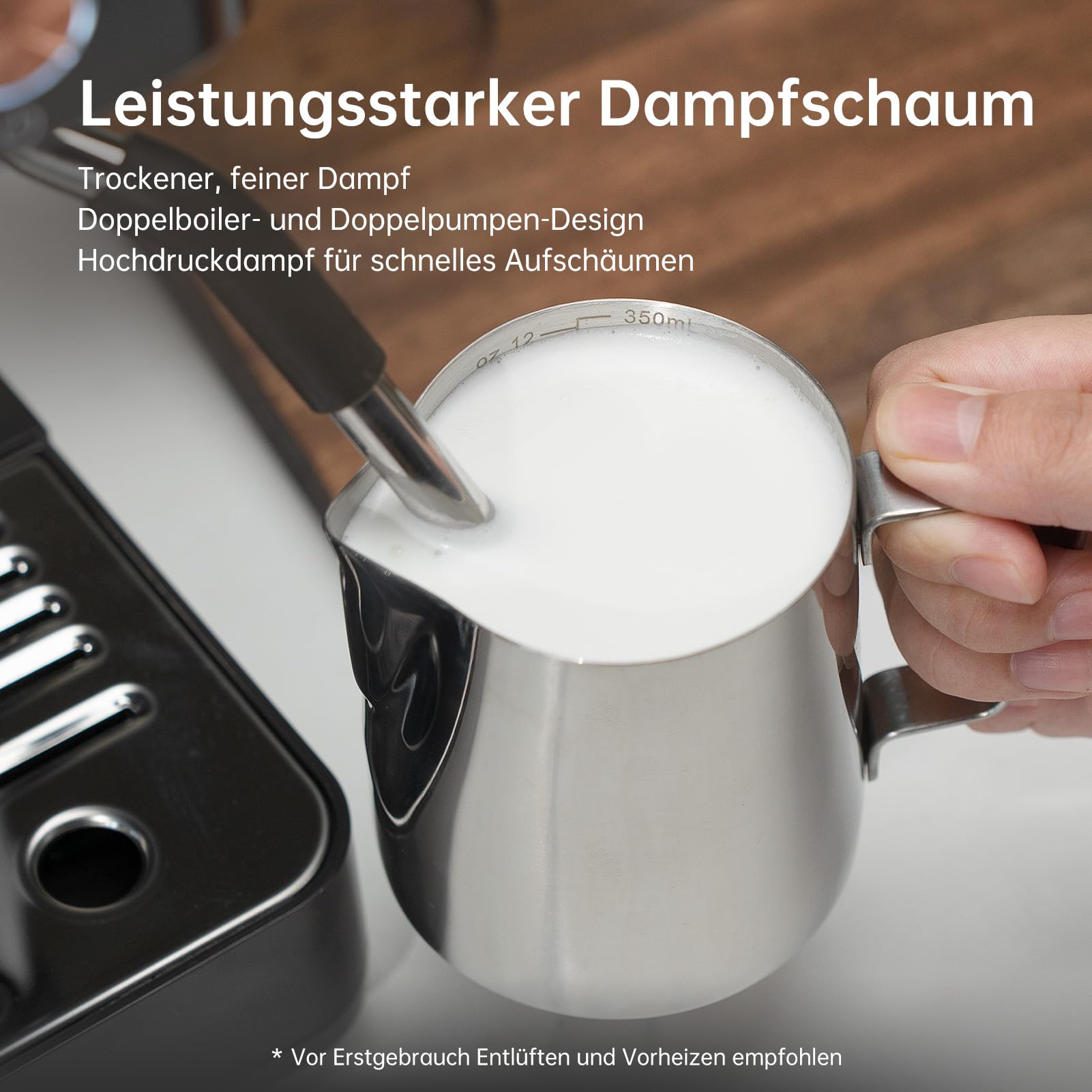 Tjean Barista Senso Doppelboiler Siebträgermaschine mit Mahlwerk und Manuellem Milchschäumer,3-in-1 Dampf-Espressomaschinen,20 Bar ital. Drucksystem,2,8L Wassertank (Grau-Gold)