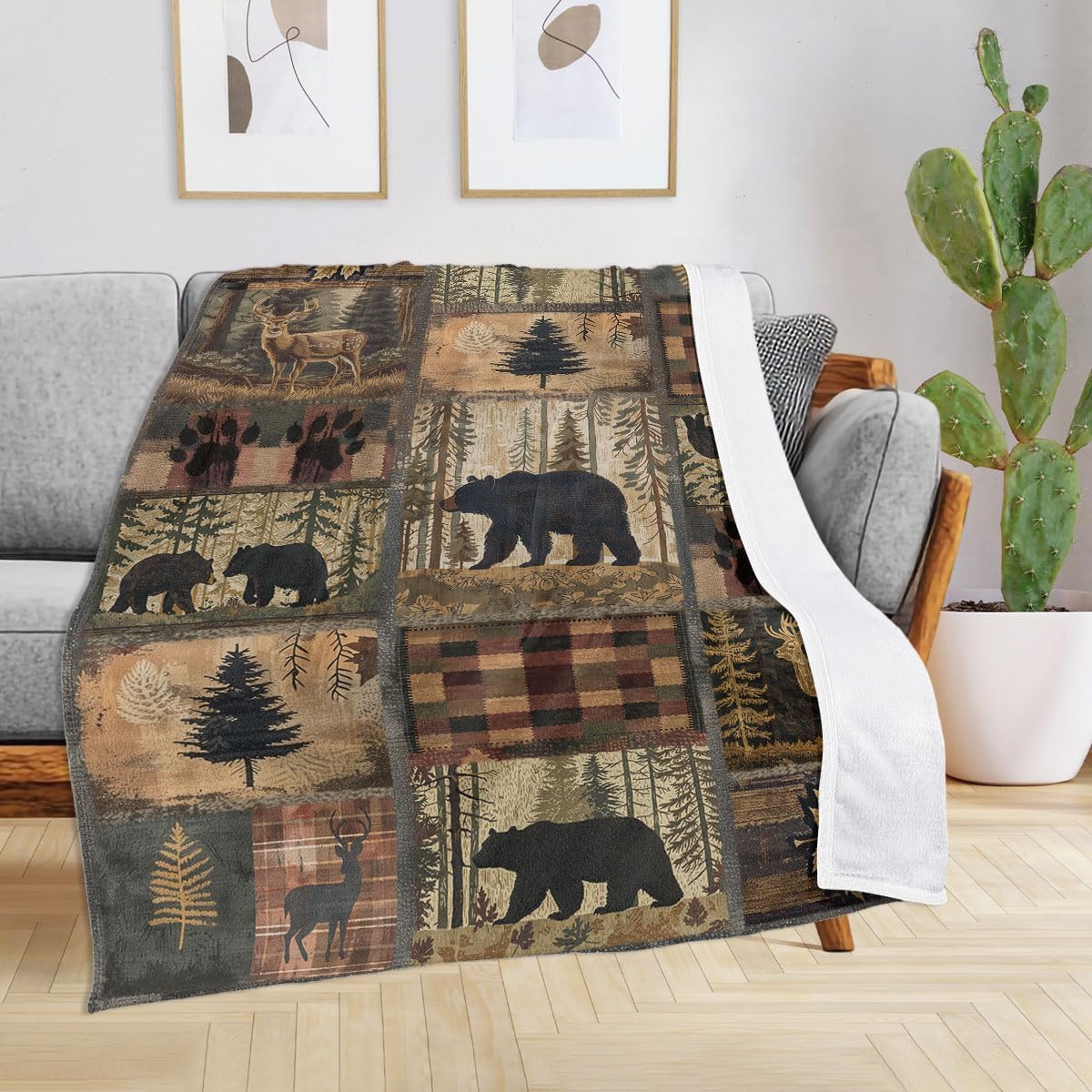 Retro Rusticd Blanket, Lodge Bear Moose Deer Country Farmhouse, Soft Plush Fleece Throw Blanket for Men, Cozy Pattern for Hunting Enthusiasts & Outdoorsmen, Gift for Bed, Cabin & Travel, 60" x 80"