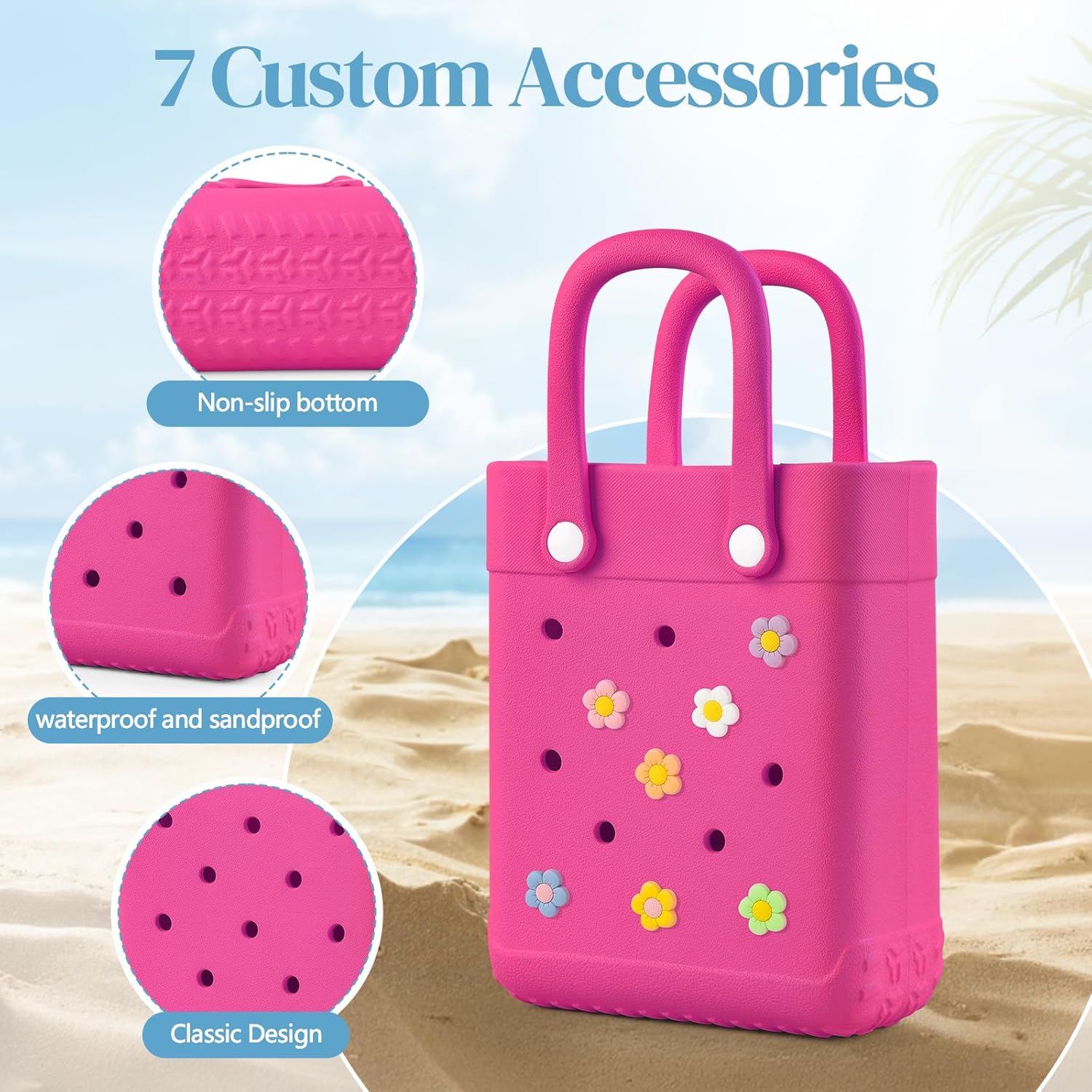 Mini Rubber Tote Bag for Little Girls & Women, X-Small Waterproof EVA Beach Bag with 7 Cute Charms - Image 3