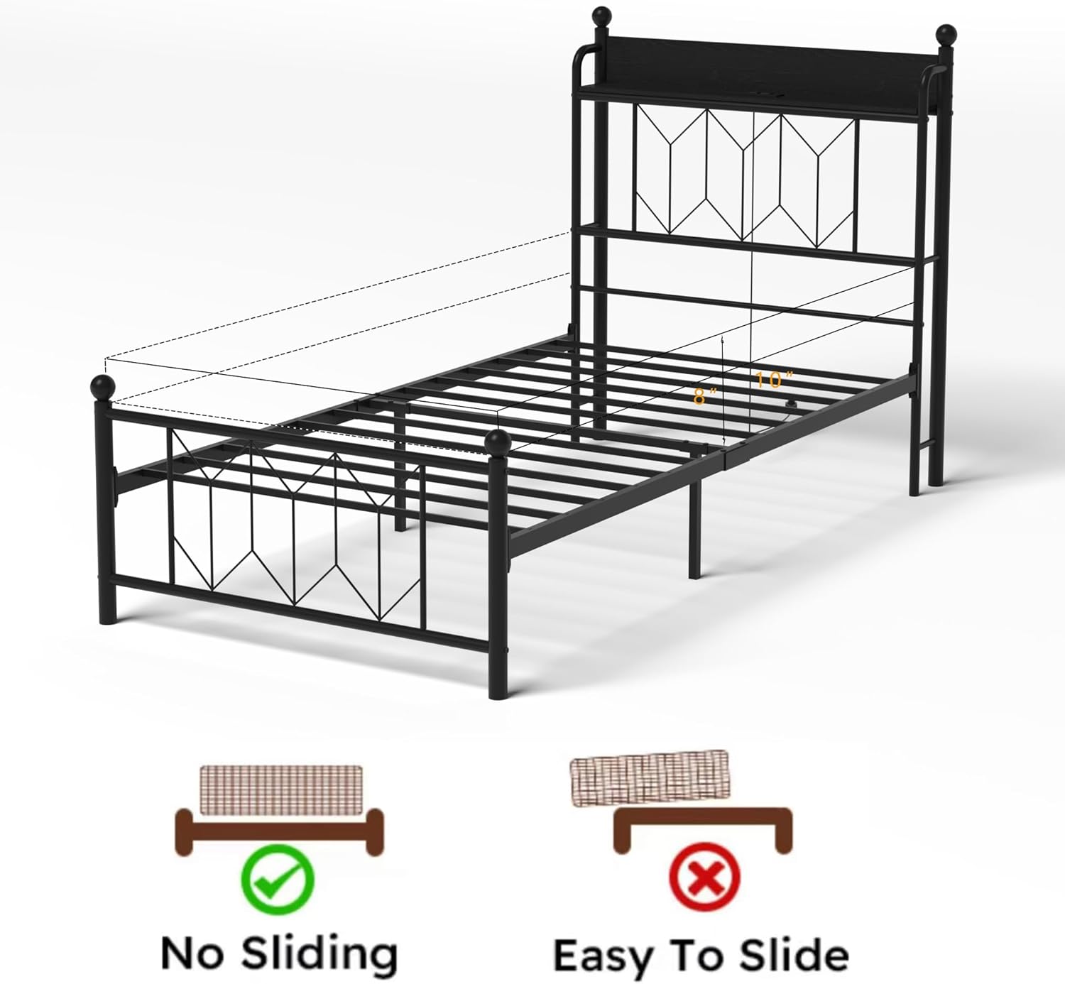 Twin Bed Frame with LED Lights & Charging Station, Metal Bed with Storage Headboard，Heavy Duty Metal Slats,No Box Spring Needed, Noise Free, Black