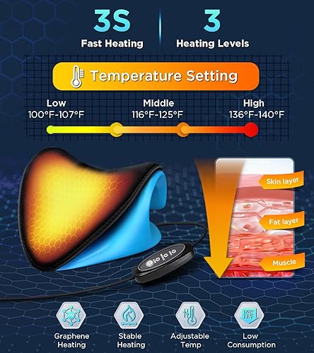 Miniatura 5 de IPOW Estirador de cuello con calefacción, almohada con dispositivo de tracción cervical con almohadilla térmica de grafeno para aliviar el dolor de