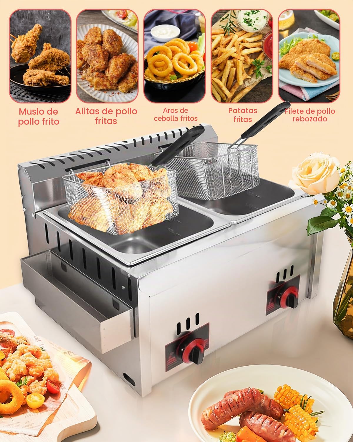 Freidora de Gas Profesional 20L Doble Tanque en Acero Inoxidable de Alta Capacidad con Cesta para Patatas - Para Restaurantes, Cocinas Domésticas y Quioscos