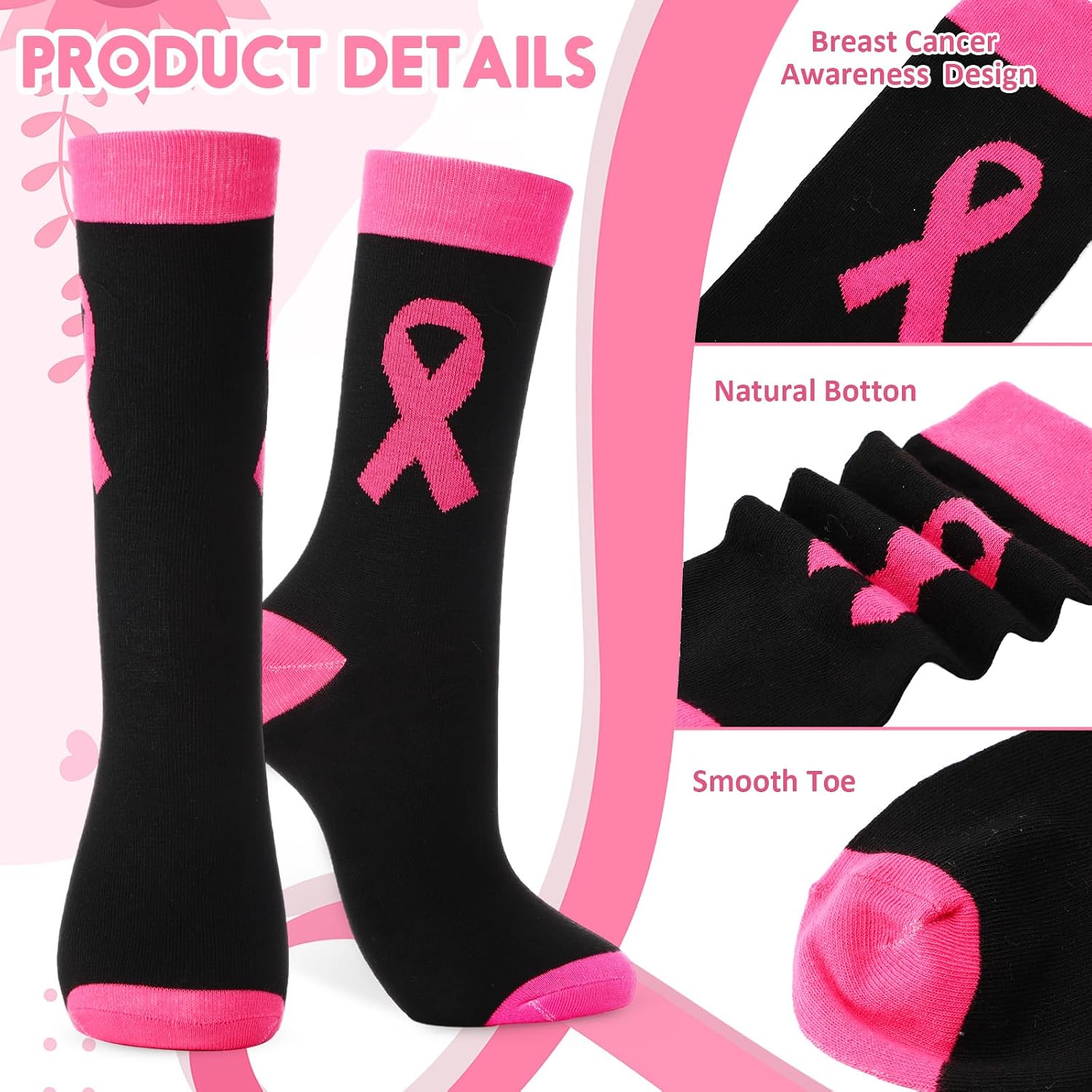 Maiteenly 24Pcs Breast Cancer Awareness Accessories Bulk Breast Cancer Socks Pink Ribbon Wristbands Pins for Women