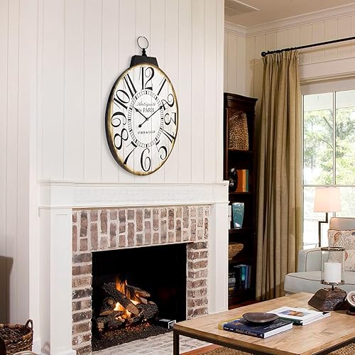 Miniatura 4 de Reloj de pared grande, 29 pulgadas de alto, diseño ovalado francés vintage de granja, funciona con pilas, reloj de pared silencioso para sala de