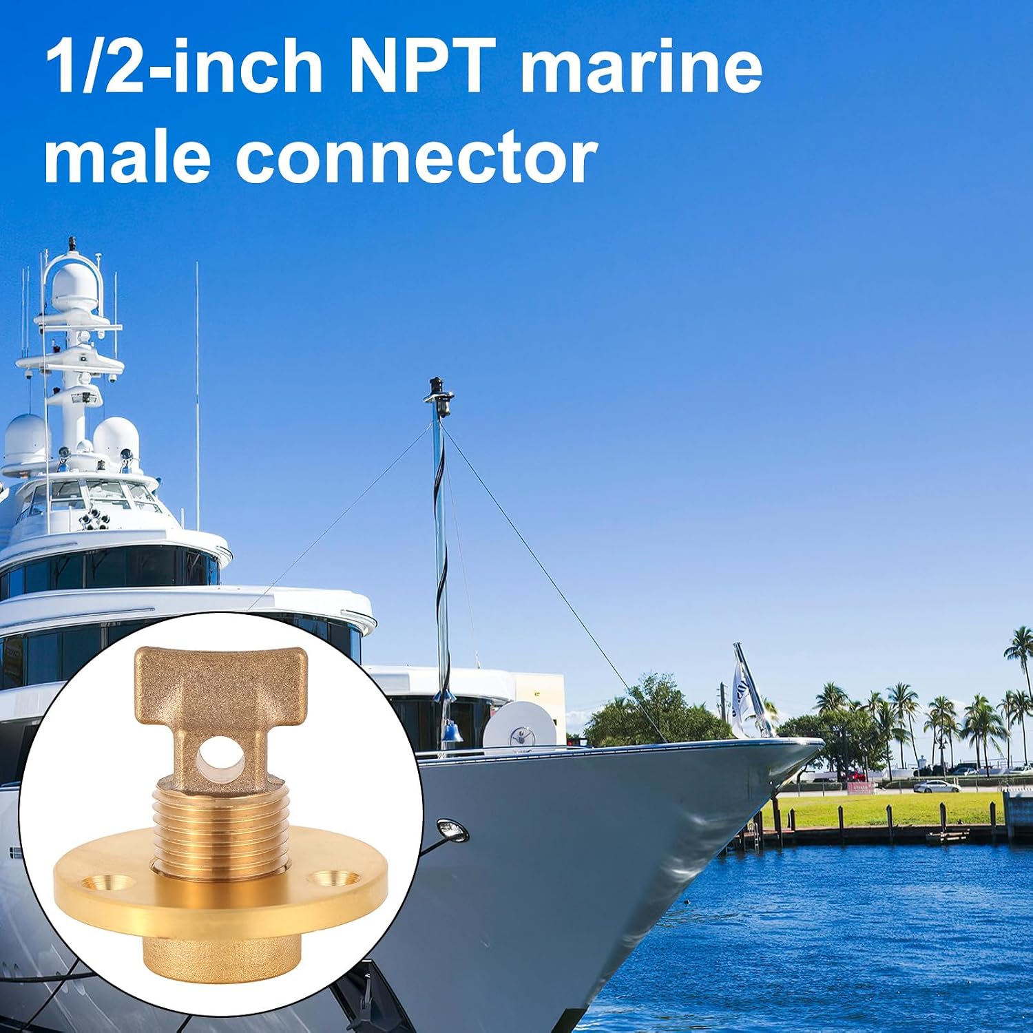Penitue Brass Boat Drain Plug Kit, 1/2" NPT Male Boat Drain Plug with Handle Anti-Corrosion Watertight Fitting with Flange PTFE Tape & Screws for Yachts Kayaks Fishing Boats