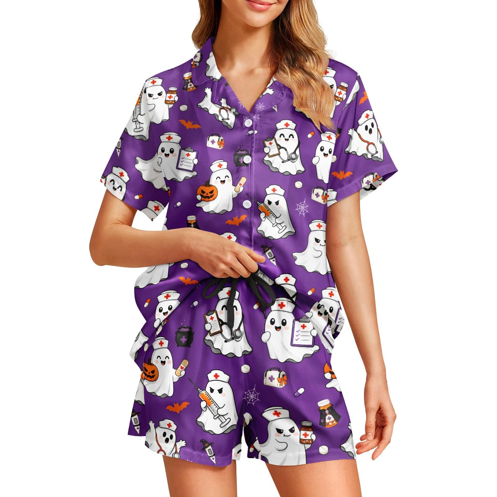 Funny Pajamas for Women Set Print Satin Loungewear Pjs Short Sleeve Button Down Top and Shorts Sets Sleepwear XS-3XL