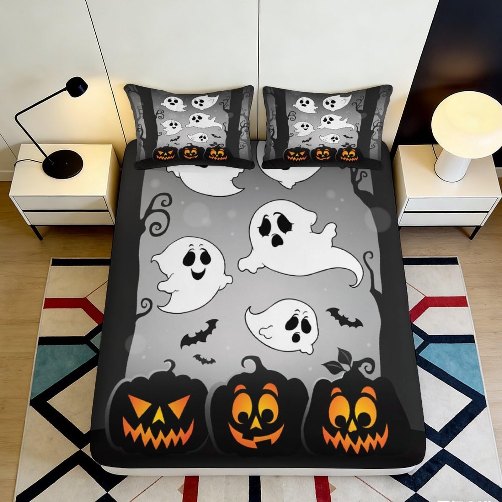 3D Printed Halloween Ghost Fitted Sheet Microfiber Black Pumpkin Bed Cover for Bedroom Dorm Easy Care Decor 90x200x25cm