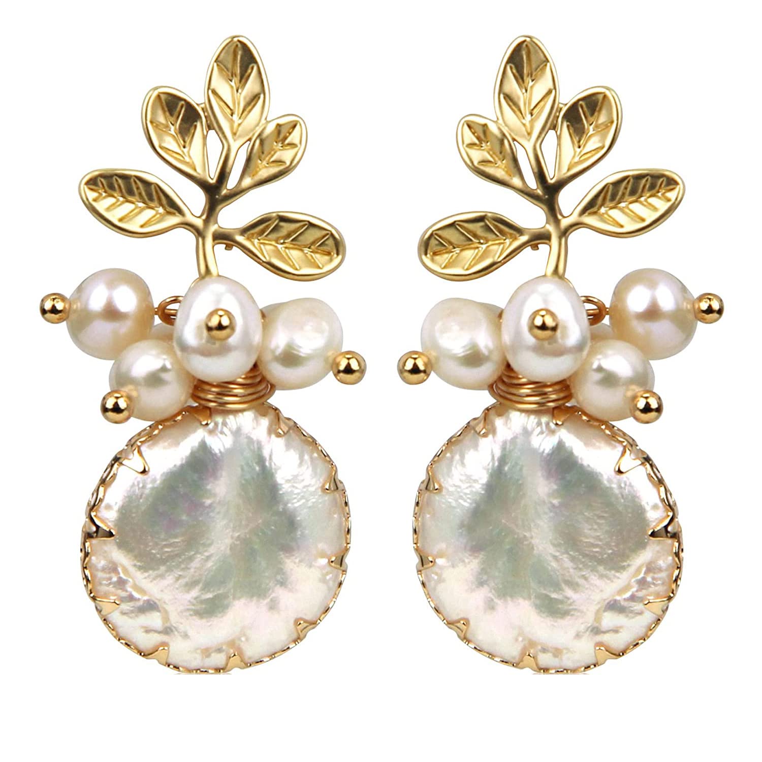Pearl Earrings with 18k Gold Life Tree, 925 Sterling Needle & Baroque Pearl Drop Earrings for Women