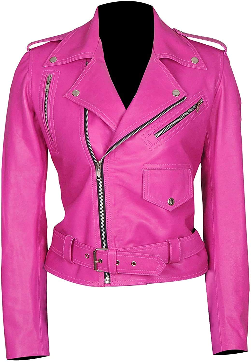 Fashion_first Women's Pink Hot Biker Leather Jacket - Motorcycle Short Real Leather Jackets