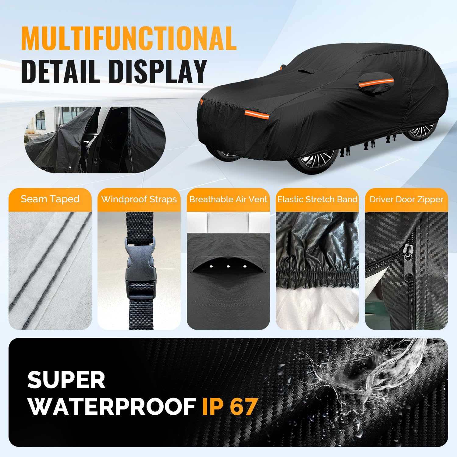 OWEEIO 30 Layers SUV Car Cover for Automobiles All Weather Waterproof Outdoor Snowproof UV Protection Windproof Door Zipper — view 4