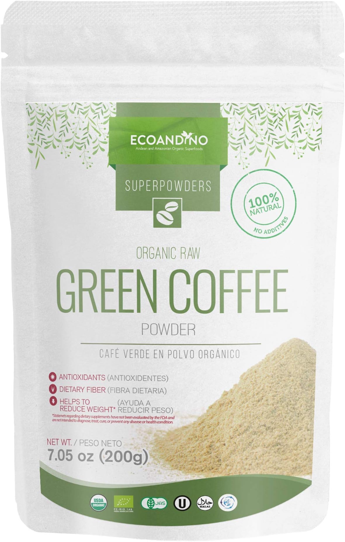 Ecoandino Organic Raw Green Coffee Powder 7.05 oz ( 200 grams ) Resealable Doypack bag (Pack of 1)