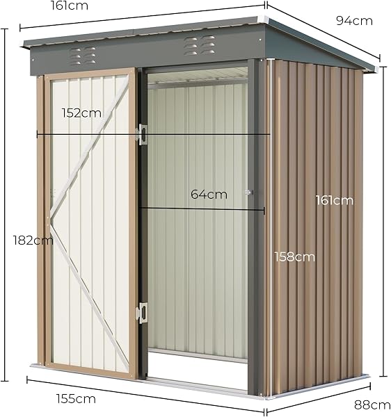 Casetta per attrezzi in metallo,Capanno per Attrezzi da Giardino in Metallo con Ripiani Regolabili, Tetto Inclinato, Prese d'Aria,per Prato, Patio e Cortile180x162x95 CM,Marrone (Marrone) - 2