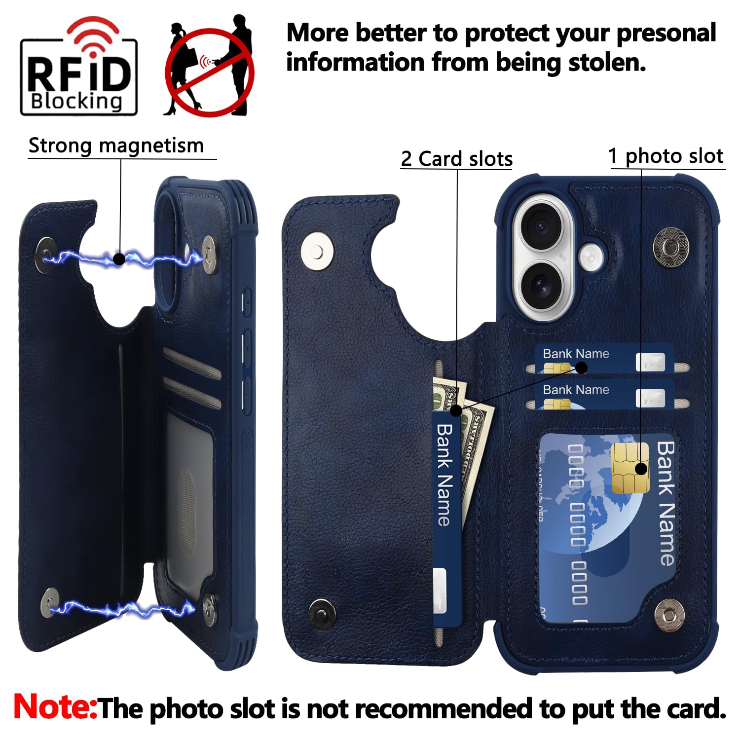 VANAVAGY Compatible for iPhone 16 Plus Wallet Case with Credit Card Holder,Rfid Leather Flip Folio Phone Cover Fits Magnetic Car Mount and Stand with Screen Camera Protector,Navy blue - Image 3