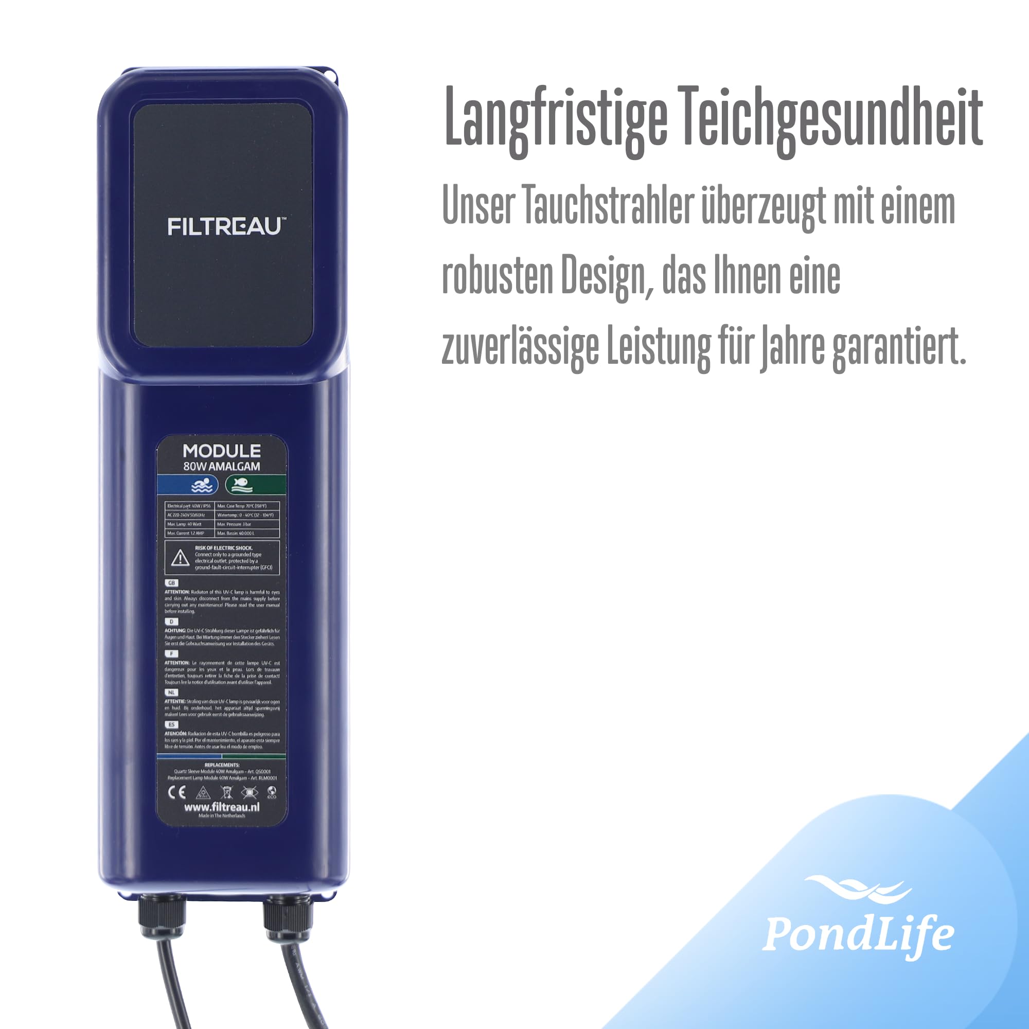 Pondlife Filtreau Tauch-UVC 80 Watt Amalgam Tauchstrahler, UVC Klärer für kristallklares Wasser, Leuchtmittel gegen Algen und Bakterien