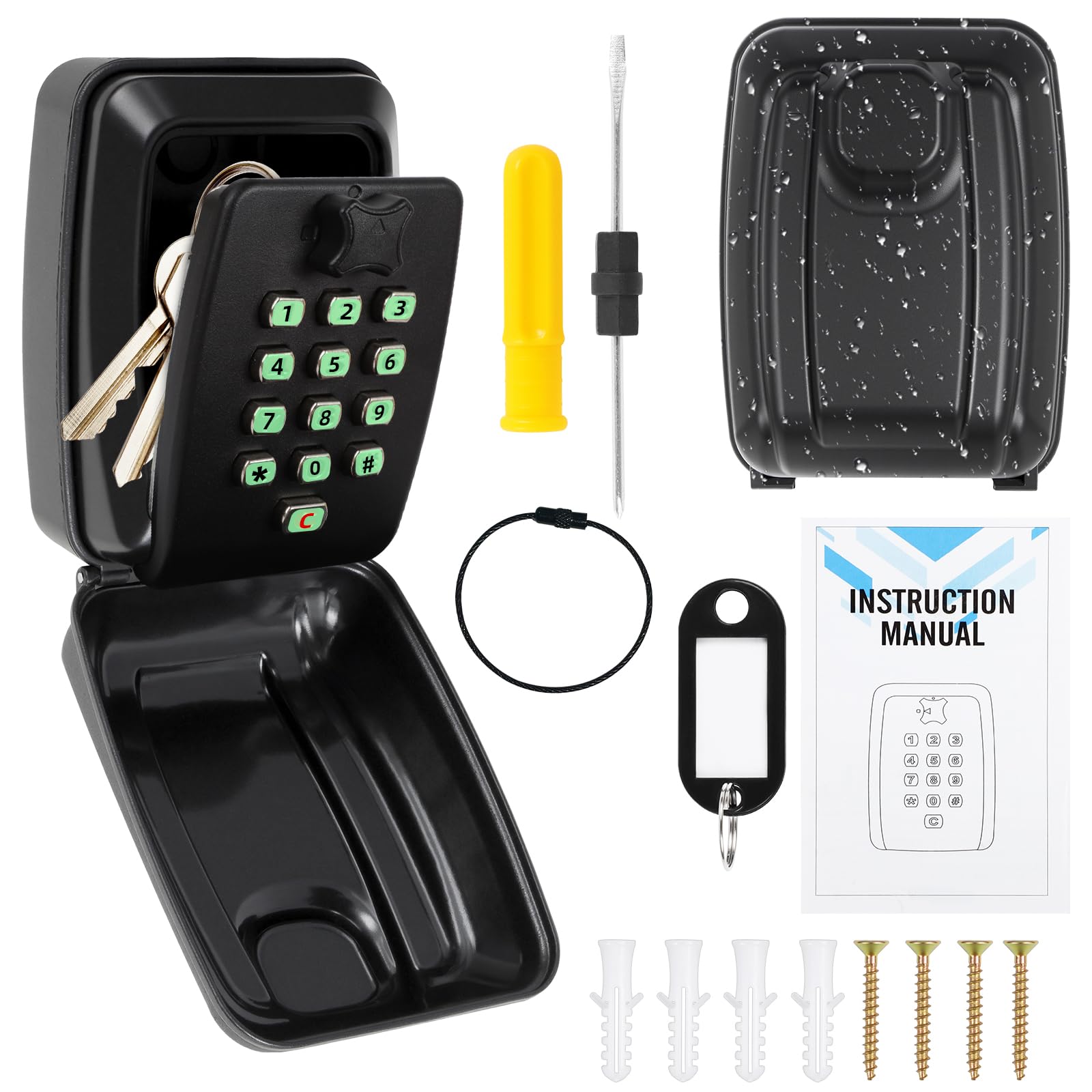Key Safe Wall Mounted Outdoor, Secure Key Lock Box with Illuminated Button Stickers, 12 Digit Combination Weather Resistant Keysafe, Wall Mounted Keysafe for Home, School, Garage