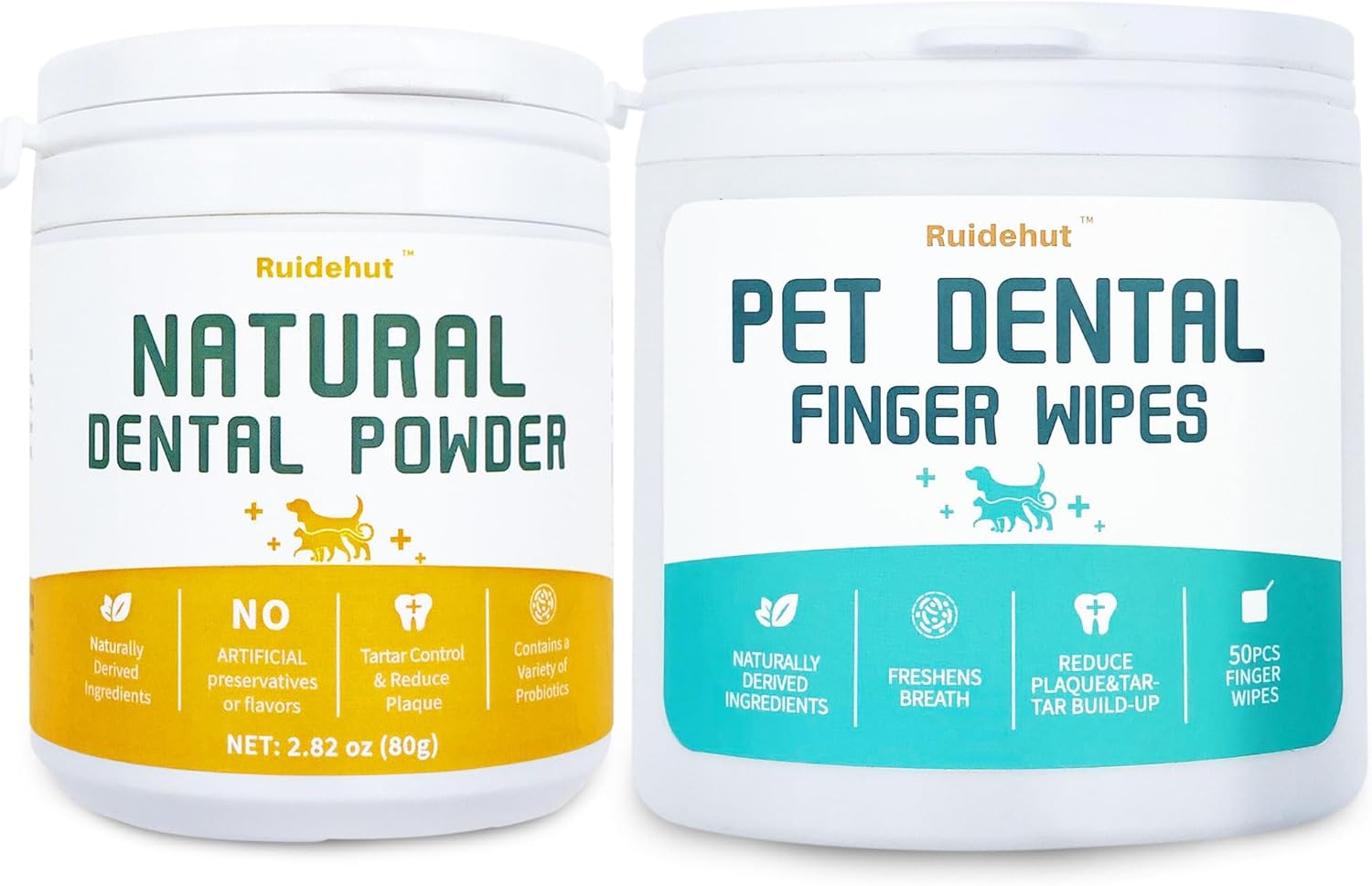 Dog Dental Kit - Teeth Cleaning Powder Contains Probiotics That Solve Bad Breath Through Internal Digestion, Finger Wipes Remove Plaque and Tartar from The Surface (50 Count & 80g)
