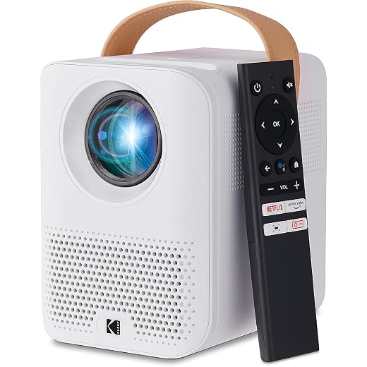 Kodak FLIK HD9 Smart Projector | Mini White Portable Indoor & Outdoor Movie with Android TV Streaming Apps, Wi-Fi and Bluetooth, Built-in Speakers & Voice Remote | FHD 1080p for Screens Up to 120”
