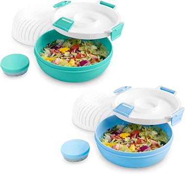 Tasty 2-Pack Salad Boss To-Go Bowls, All-in-One Salad Maker with Multi-Use Colander, Leak-Proof Lid, 3 oz Dressing Cup, 56 oz Serving Bowl, Dishwasher Safe, Aqua