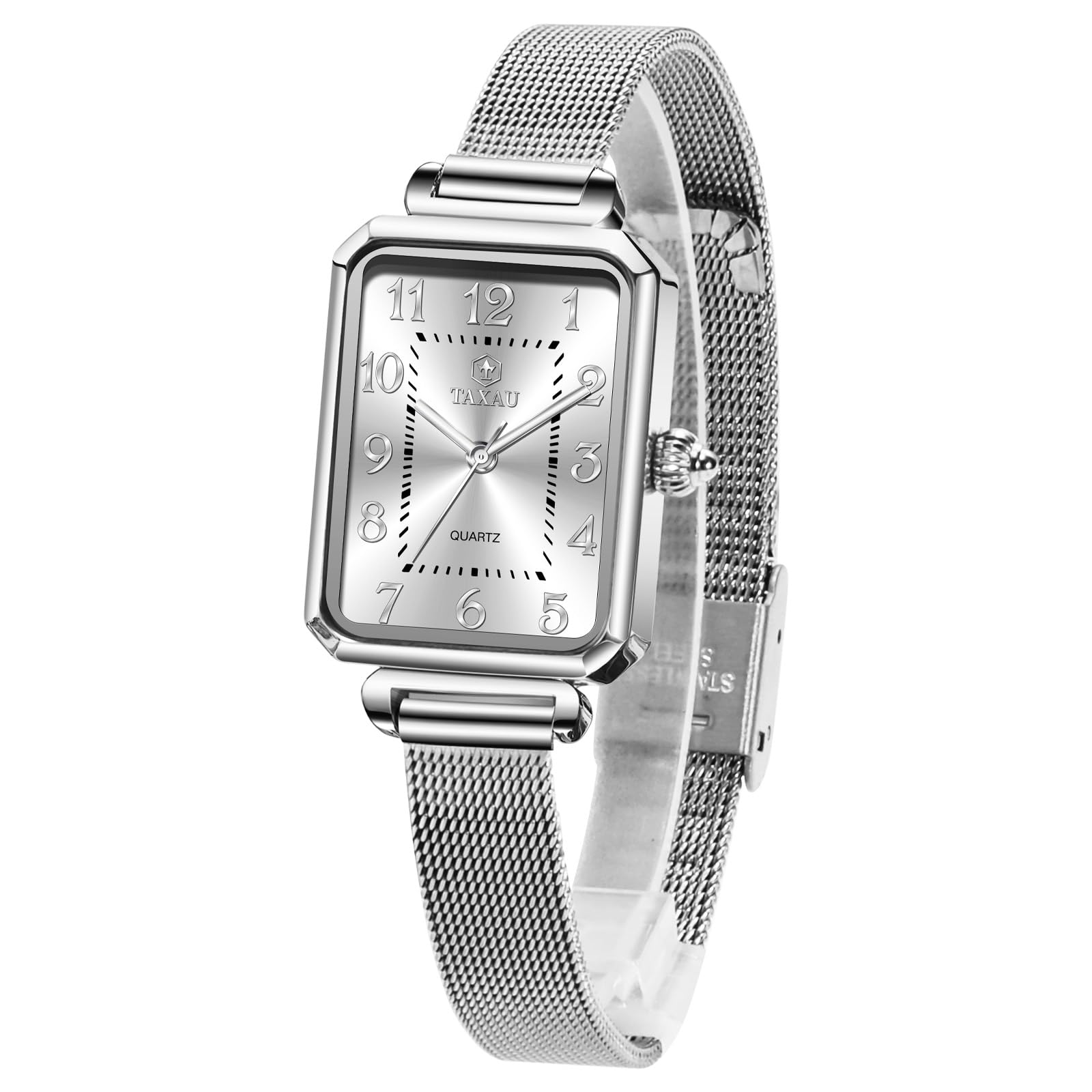 Taxau Reloj de pulsera rectangular para mujer con correa de malla de acero inoxidable, reloj de pulsera rectangular para mujer, reloj de pulsera de oro rosa, resistente al agua, elegante reloj de