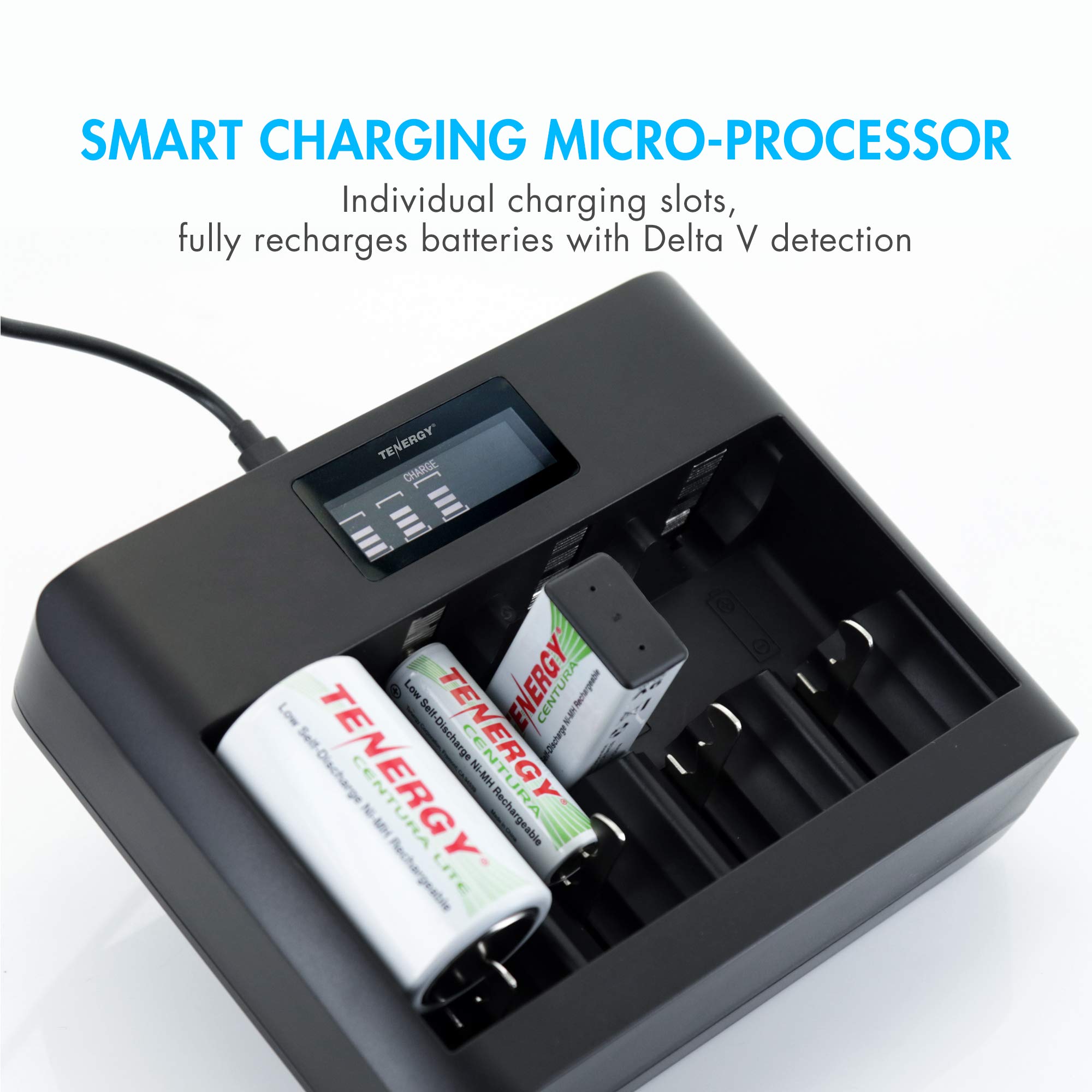 Tenergy Confezione da 4 batterie Centura Lite D Size e caricabatterie universale TN486U a 5 alloggiamenti con LCD, ingresso micro USB/tipo C