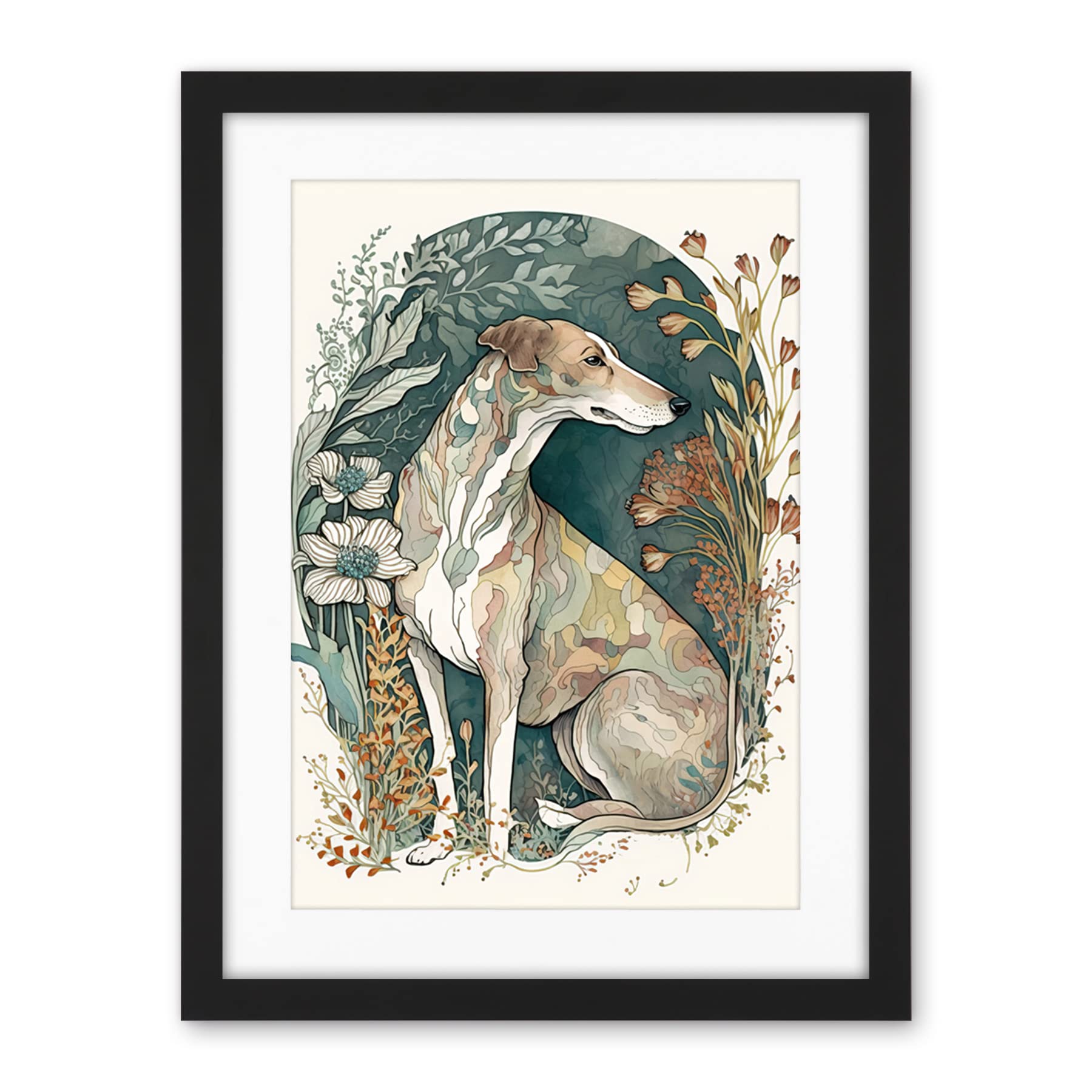 Artery8 Greyhound Dog in Flower Field Modern Pastel Boho Watercolour Illustration Artwork Framed Wall Art Print 18X24 Inch
