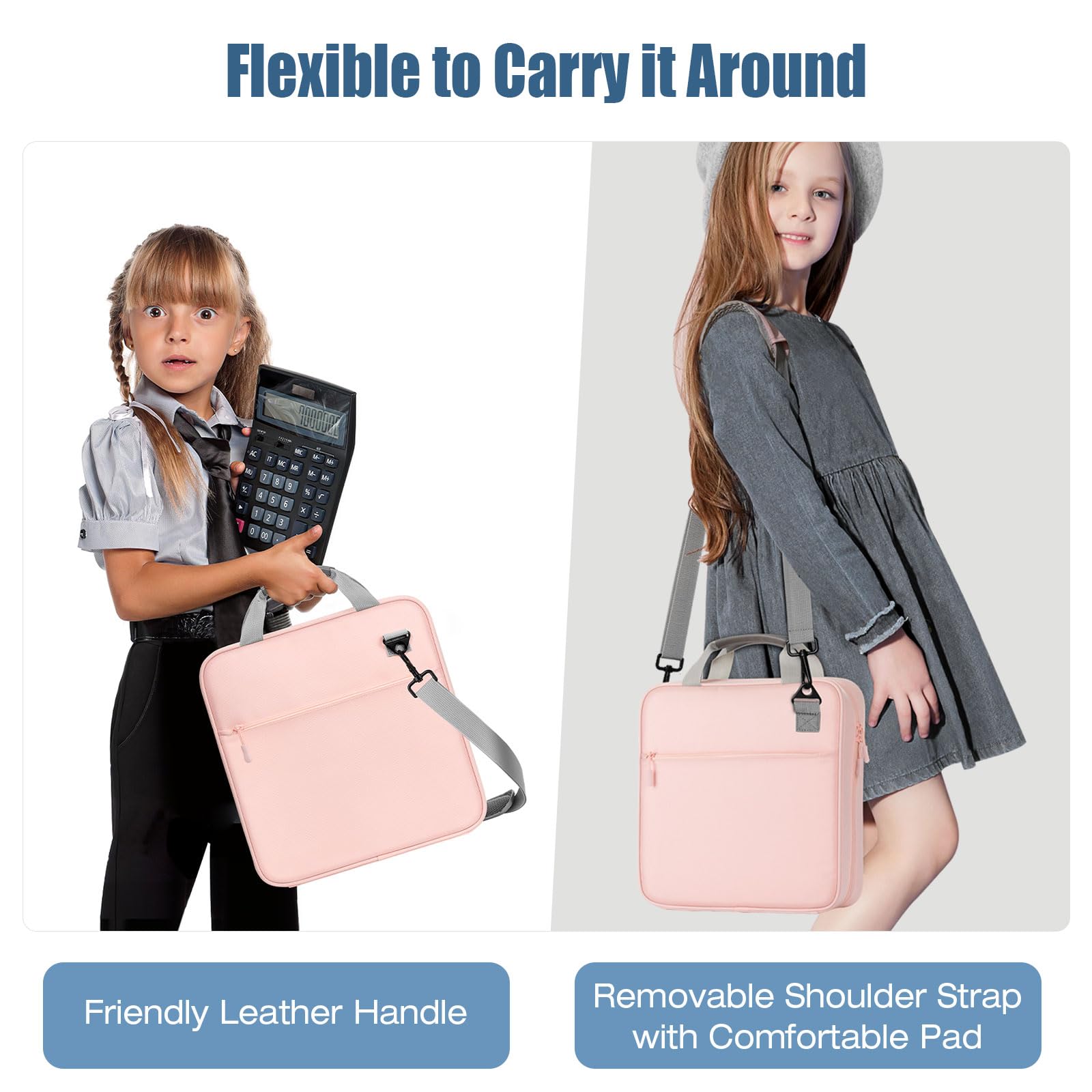 MoKo Carpeta con cremallera, capacidad para 500 hojas, carpeta escolar con cremallera, carpeta de 3 anillos de 2 pulgadas para escuela secundaria, asa y correa para el hombro, rosa y gris | Tejido Oxford 900D repelente al agua con 5 carpetas, 2 bolsillos