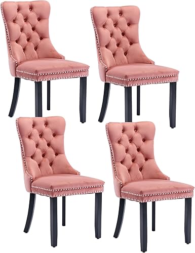 Rhomtree Juego de 4 sillas de comedor de tela de terciopelo, respaldo copetudo de lujo con ribete clavado y anillo trasero, sillas de cocina,