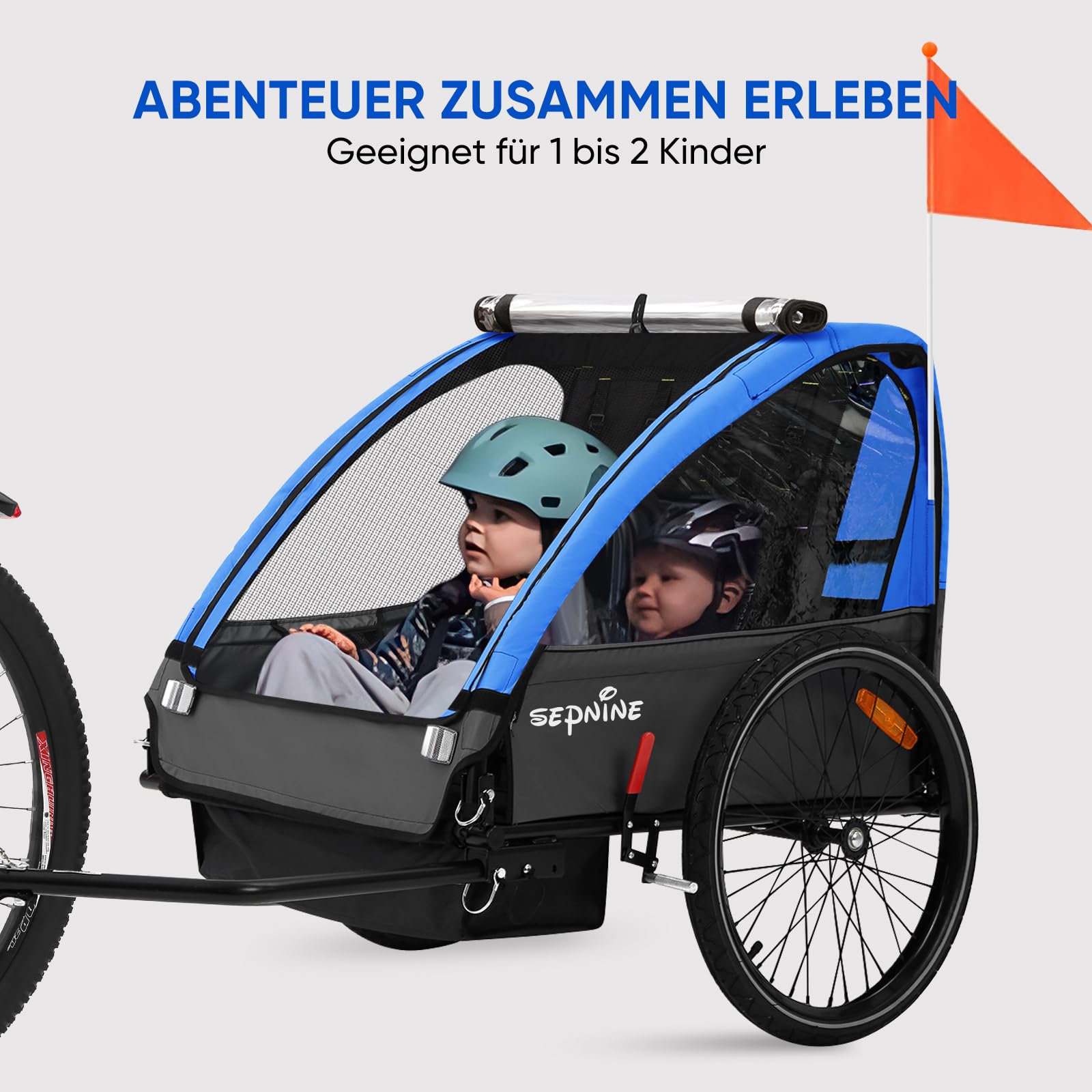 SEPNINE Kinderanhänger für Fahrrad, Fahrradanhänger für 1-2 Kinder, mit 5-Punkt-Sicherheitsgurt, Luftreifen, Handbremse, Faltbar, Max. 40 kg (Dunkelblau)