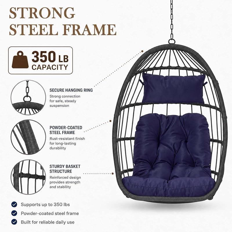 Hanging Egg Chair Outdoor, Rattan Swing Chair Heavy Duty Hanging Basket Chair with Water Resistant Cushion, Handwoven Wicker Pod for Garden Patio Porch, 350 lb Capacity (Dark Blue) image 6