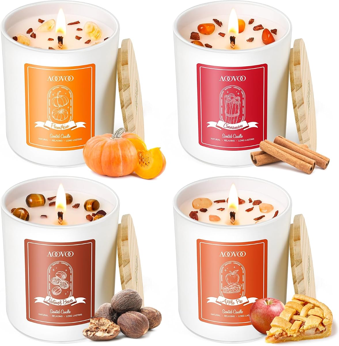AOOVOO Fall Candles Set for Women - Aromatherapy Candle with Crystals Inside, 28 oz 200 Hour Long Lasting, 4 Pack Candles for Home Scented, Autumn Fragrance of Apple Pie/Cinnamon/Pumpkin/Nutmeg Beans