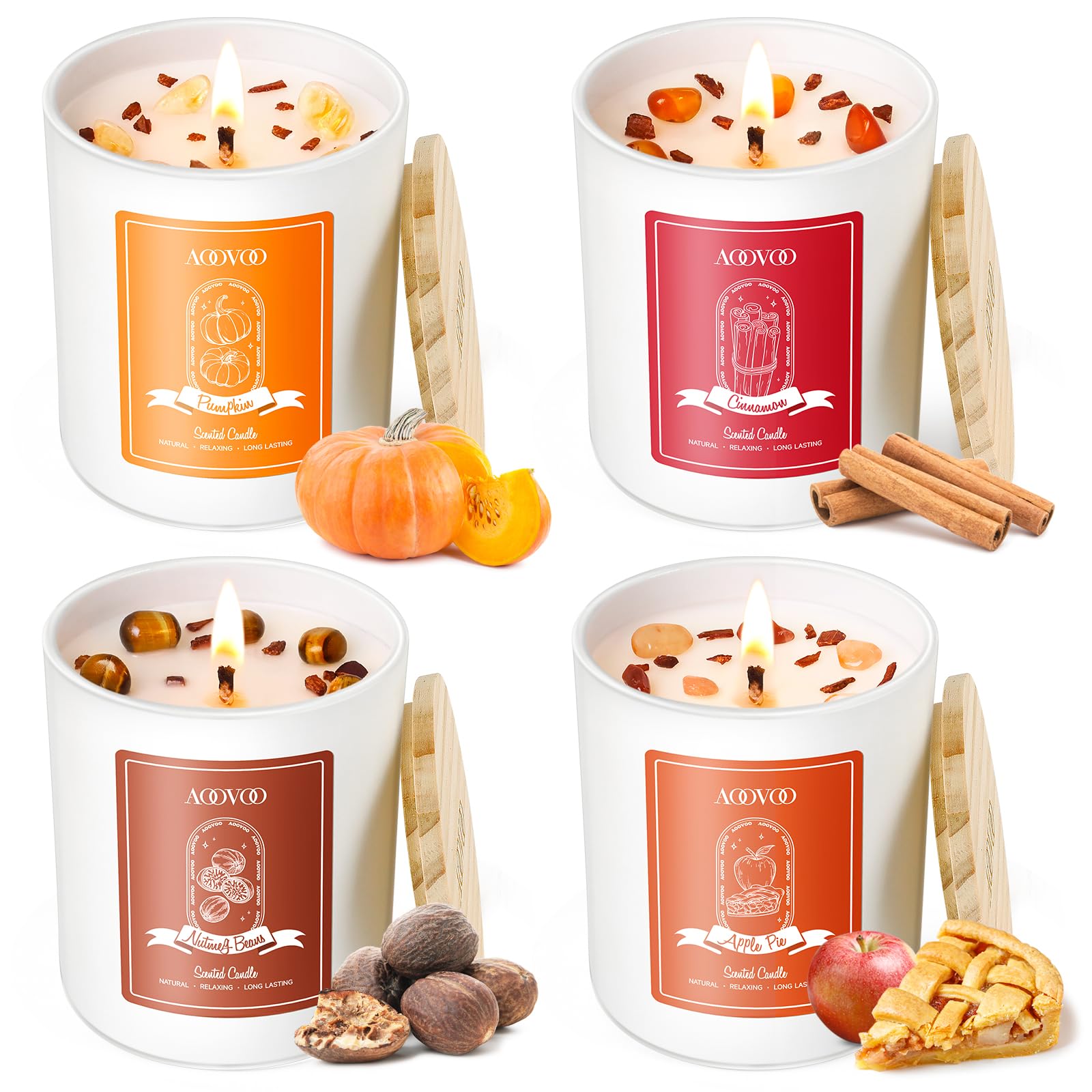 AOOVOO Fall Candles Set for Women - Aromatherapy Candle with Crystals Inside, 28 oz 200 Hour Long Lasting, 4 Pack Candles for Home Scented, Autumn Fragrance of Apple Pie/Cinnamon/Pumpkin/Nutmeg Beans