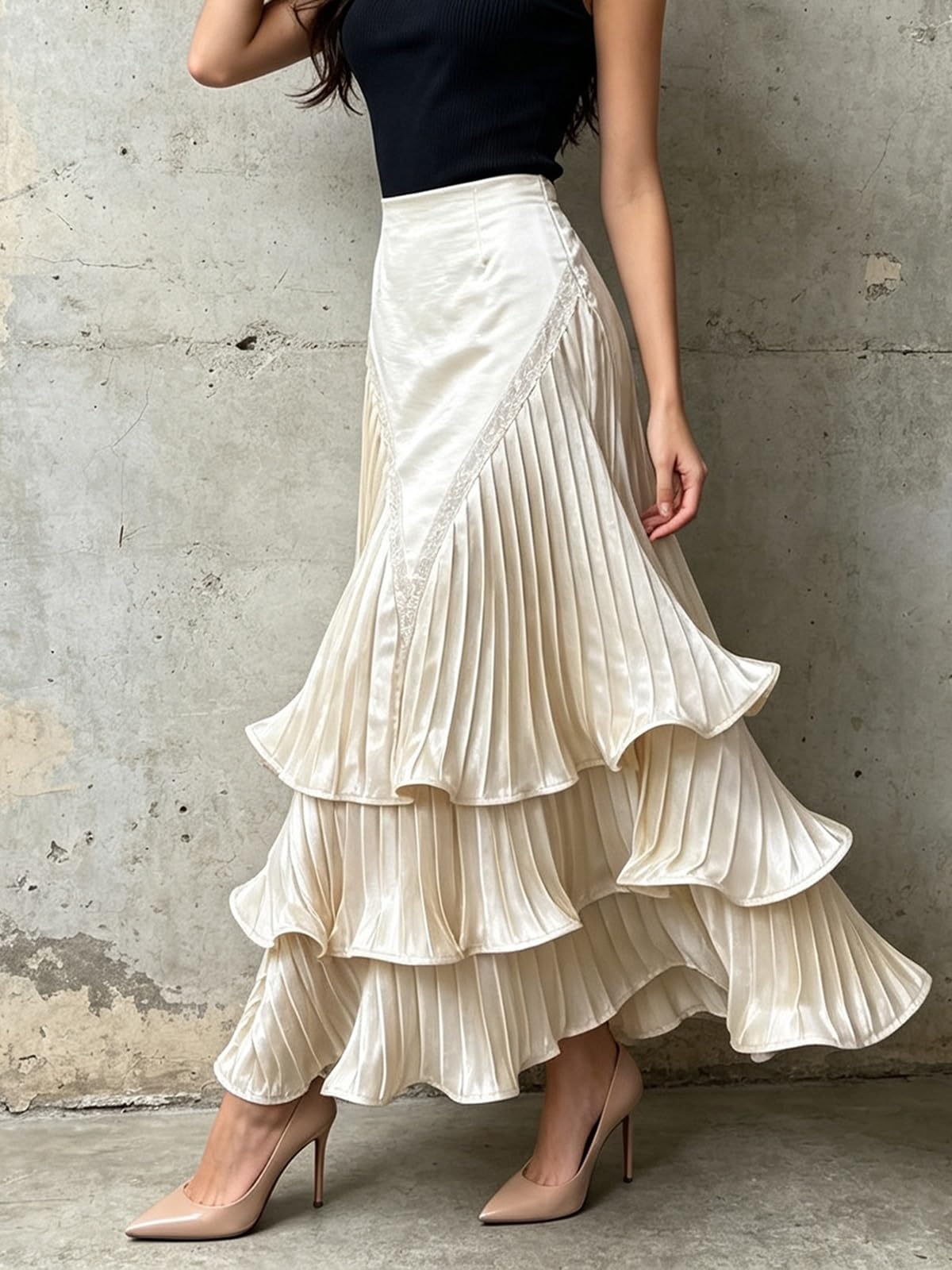 Gonna Midi Da Donna In Raso A Vita Alta,Gonna Volant,Strati Asimmetrici | Vita Alta, Pieghe, Il Lavoro, Abbigliamento Casual Quotidiano, Feste Natalizie