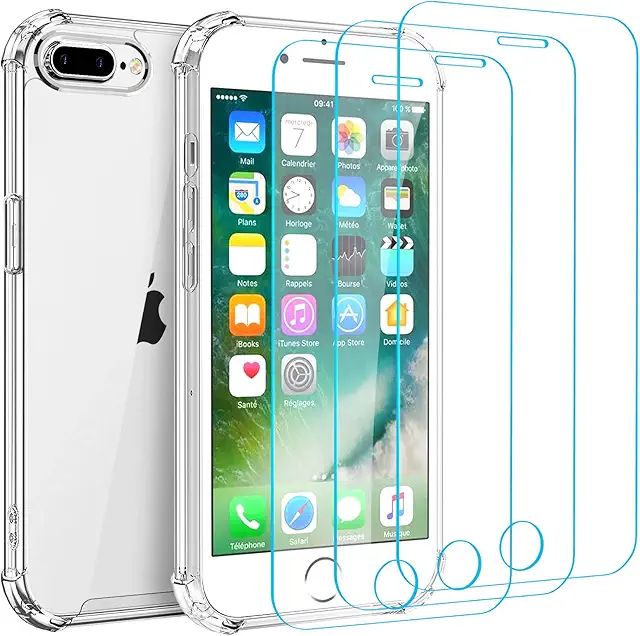 Coque iPhone 8 Plus Transparente avec Protection Écran Verre Trempé - Pack 3