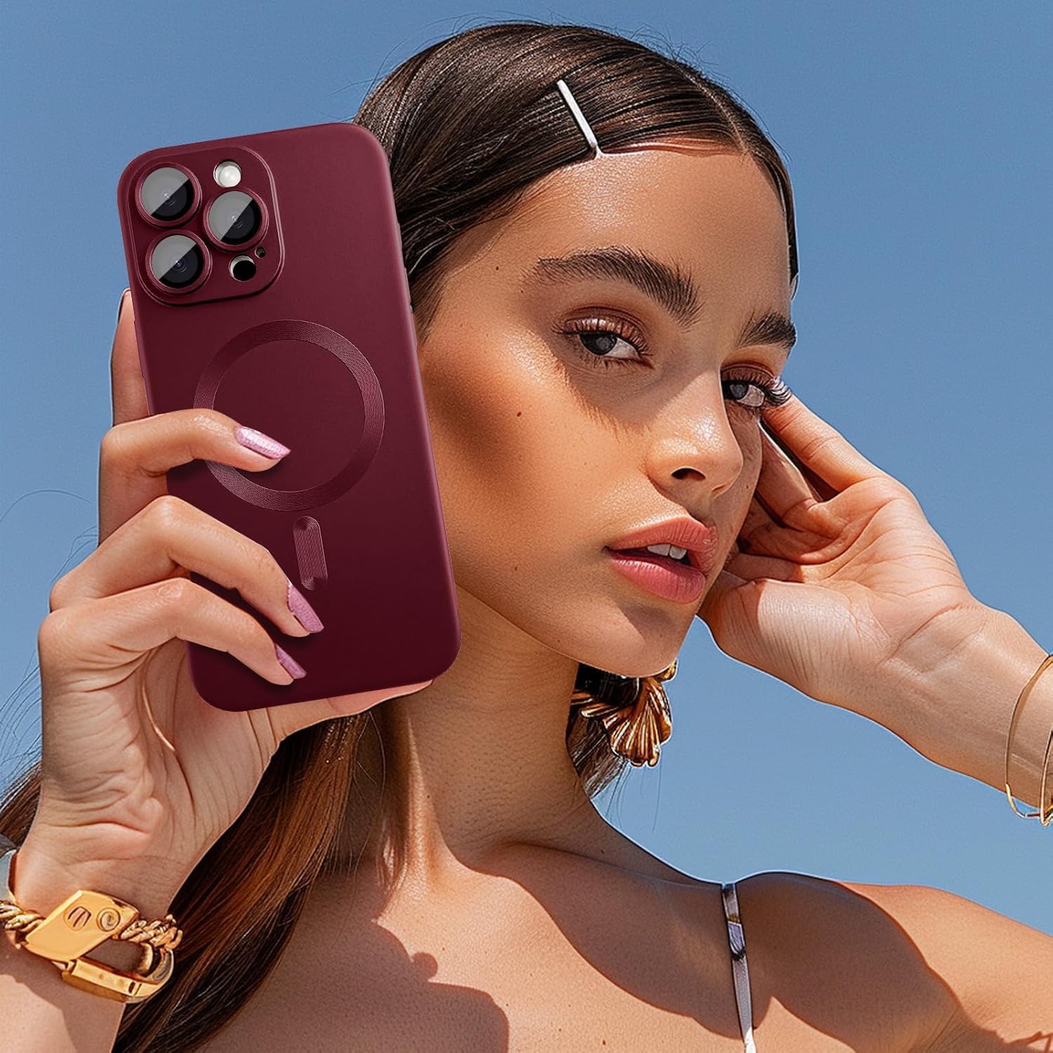 DIZORO Magnetic Case for iPhone 15 Pro Case [Compatible with MagSafe][Built-in Camera Lens Protector] Slim Soft Silicone Bumper Shockproof Metallic Luster Back Cover Phone Case - Wine Red — Amazon image 5