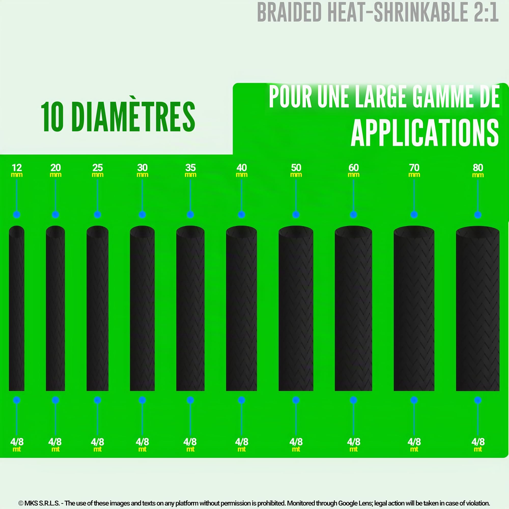 Gaine Thermo-Rétractable Tressée Ø 12mm, L 8m • Protection Avancée pour Câbles • RAPPORT 2:1