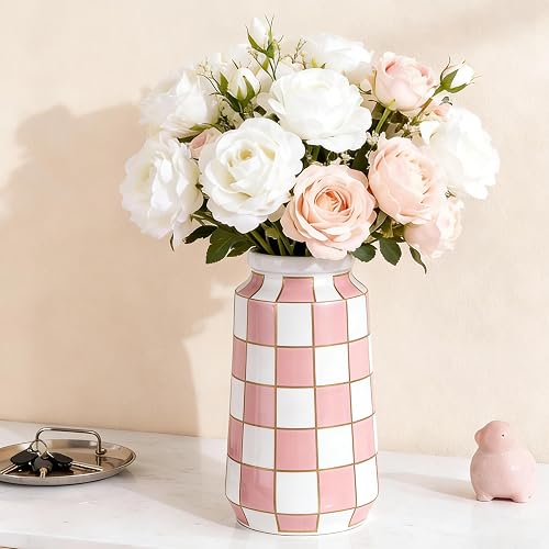 Black and White Ceramic Vase, Mid Century Modern Checkered Vases for Flower&Pampas Grass Centerpiece, Black White Checkered Vase for Dining Table Kitchen Tabletop Minimalist Decorative (Pink)