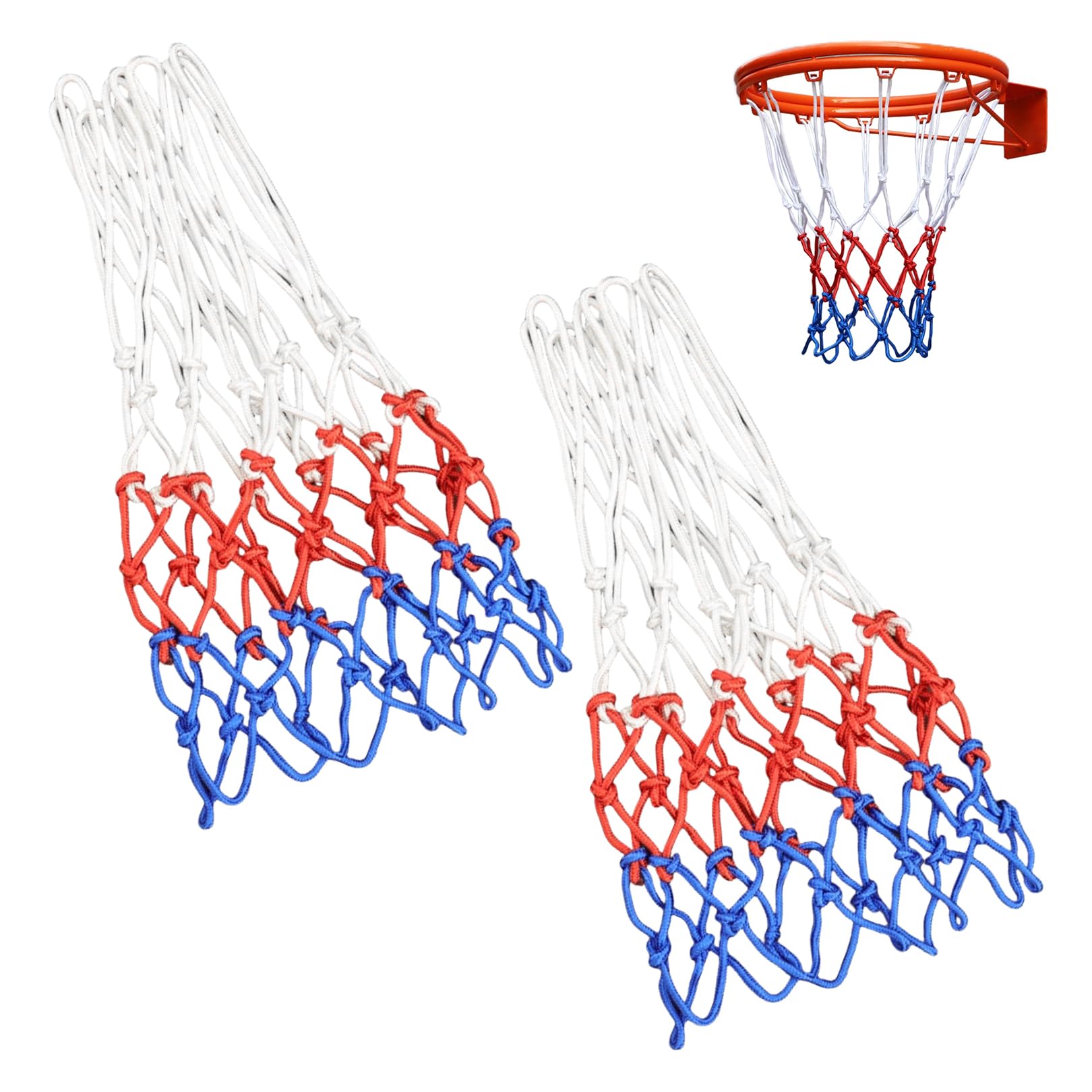 2-Stück Basketball Netz, Basketballnetz 12 Schlaufen, Basketballnetz für Standard Größe, Verstärktes Nylon Ballnetz Wetterfest, 3 Farbig Basketball Ersatznetz für Die Innen und Außenmontage Geeignet