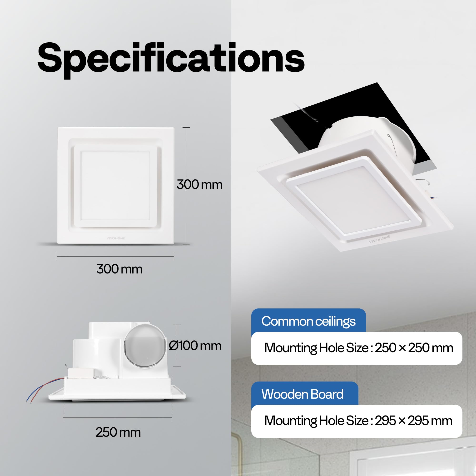 VIVOHOME Wentylator Wyciągowy 280m³/h z 3 Trybami LED | Cicha Praca 1,2 Sone, Panel Sufitowy 300mm, Do łazienek, Toalet i Strychów