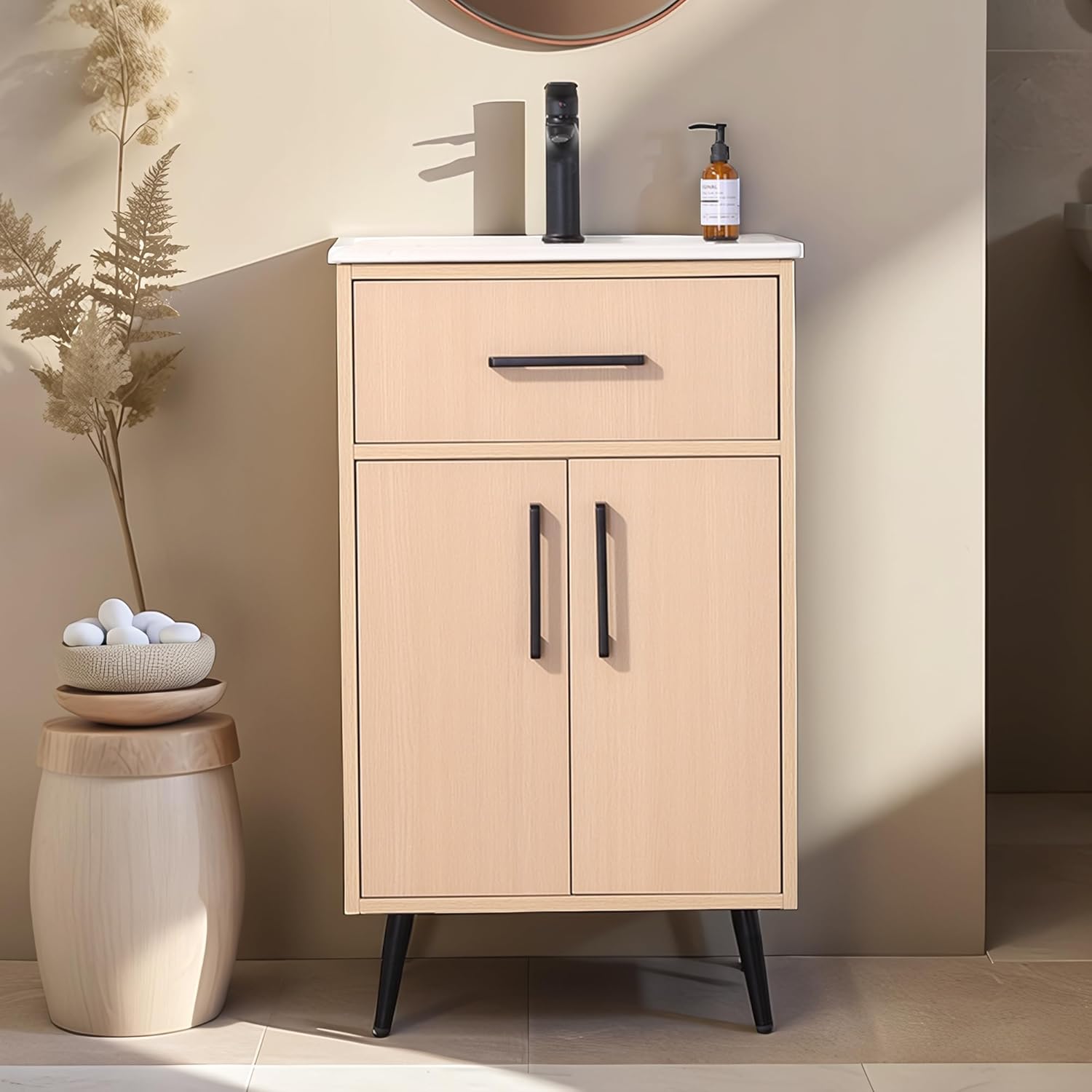 20-inch Solid Wood Bathroom Vanity with Sink, Warm Yellow Color for Free Standing Cabinet, Storage Rack and Drawer for Soft Closing Door