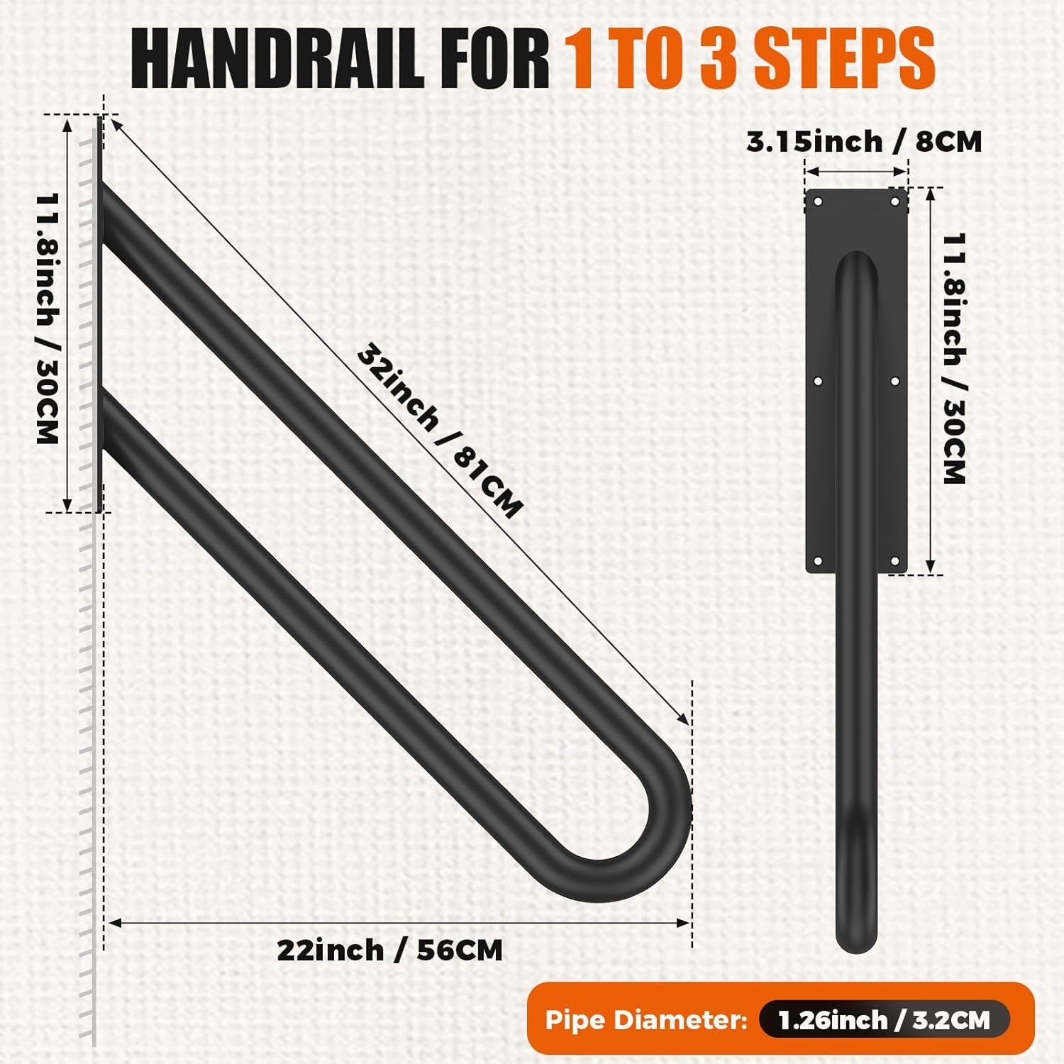 gorware handrails for outdoor steps, 32" u-shaped handrail wall mount with matte black finished,1-3 steps railings,safety grab bar for outdoor indoor stairs, garage, porch, toilet, yard and garden 32inch