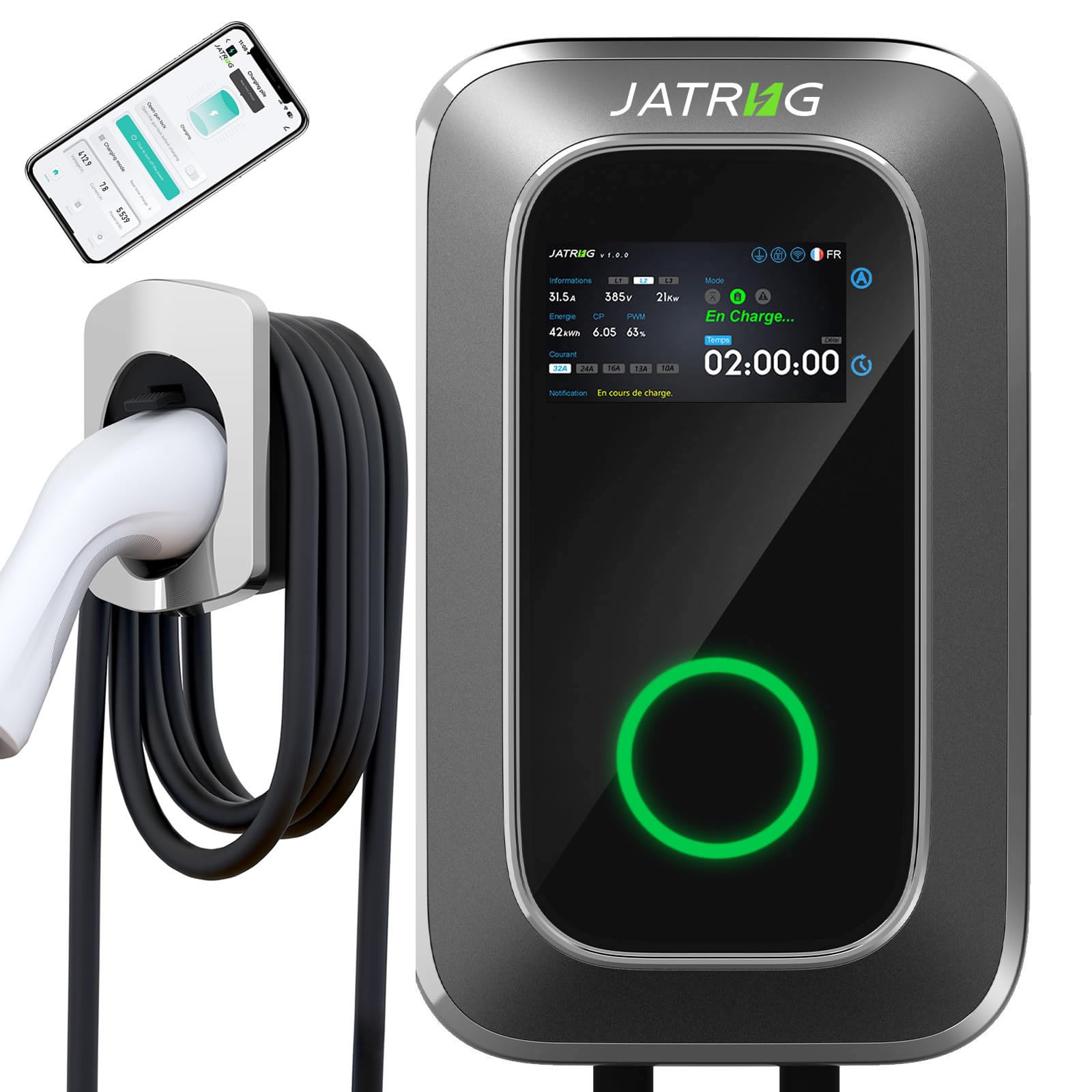 JATRHG S1 Borne de Recharge pour Véhicule Électrique 11kW 8M 16A Triphasé WiFi-​APP Station de Charge Type 2 IEC 62196-​2 - Chargeur Rapide EV Wallbox